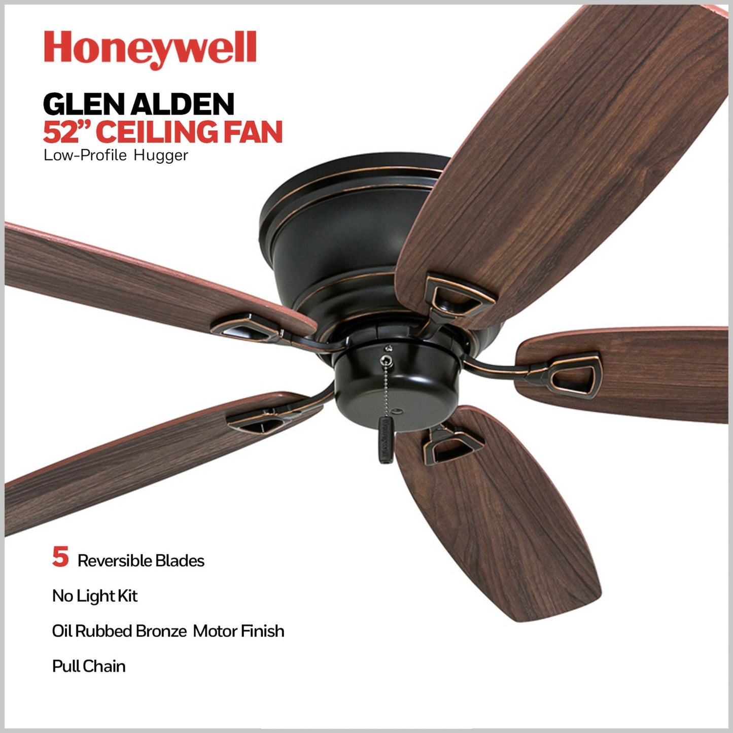 Honeywell Glen Alden 52 Inch Indoor Low Profile Ceiling Fan with Pull Chain Control, Quiet Motor, and 5 Reversible Blades, Oil Rubbed Bronze