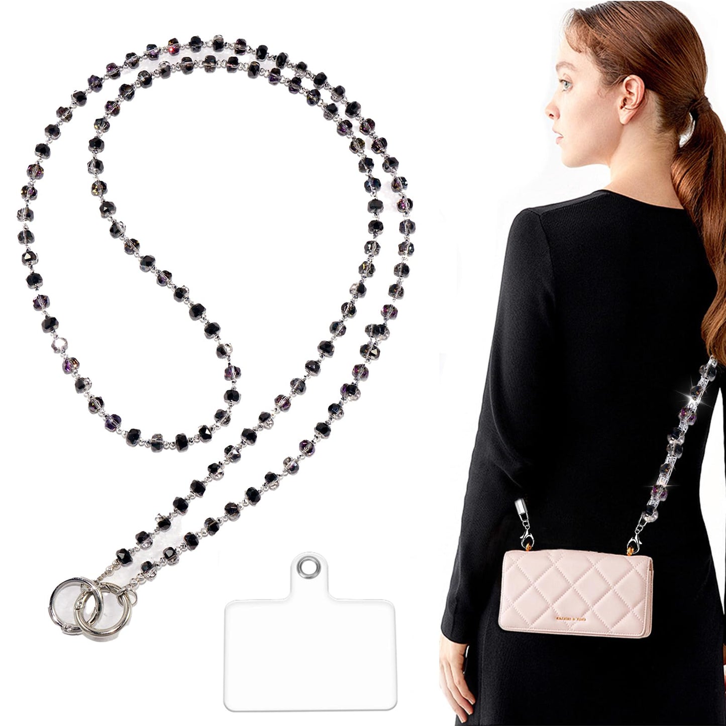 AOPNN High-end crystal lanyard Beaded Cellphone Lanyard Universal Suitable for most mobile phones and bags Keys, ID and Badges (Crystal purple black)
