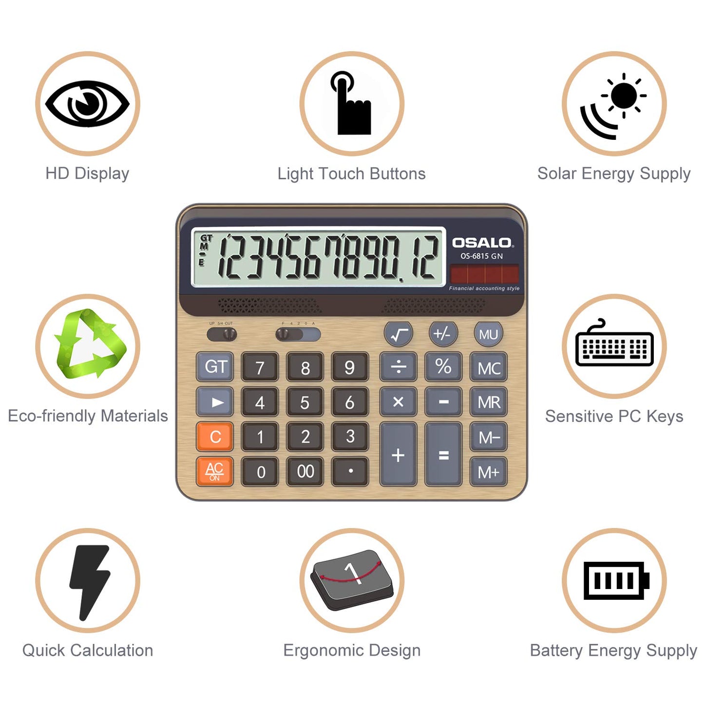 Desktop Calculator Extra Large 5-Inch LCD Display 12-Digit Big Number Accounting Calculator with Giant Response Button, Battery & Solar Powered