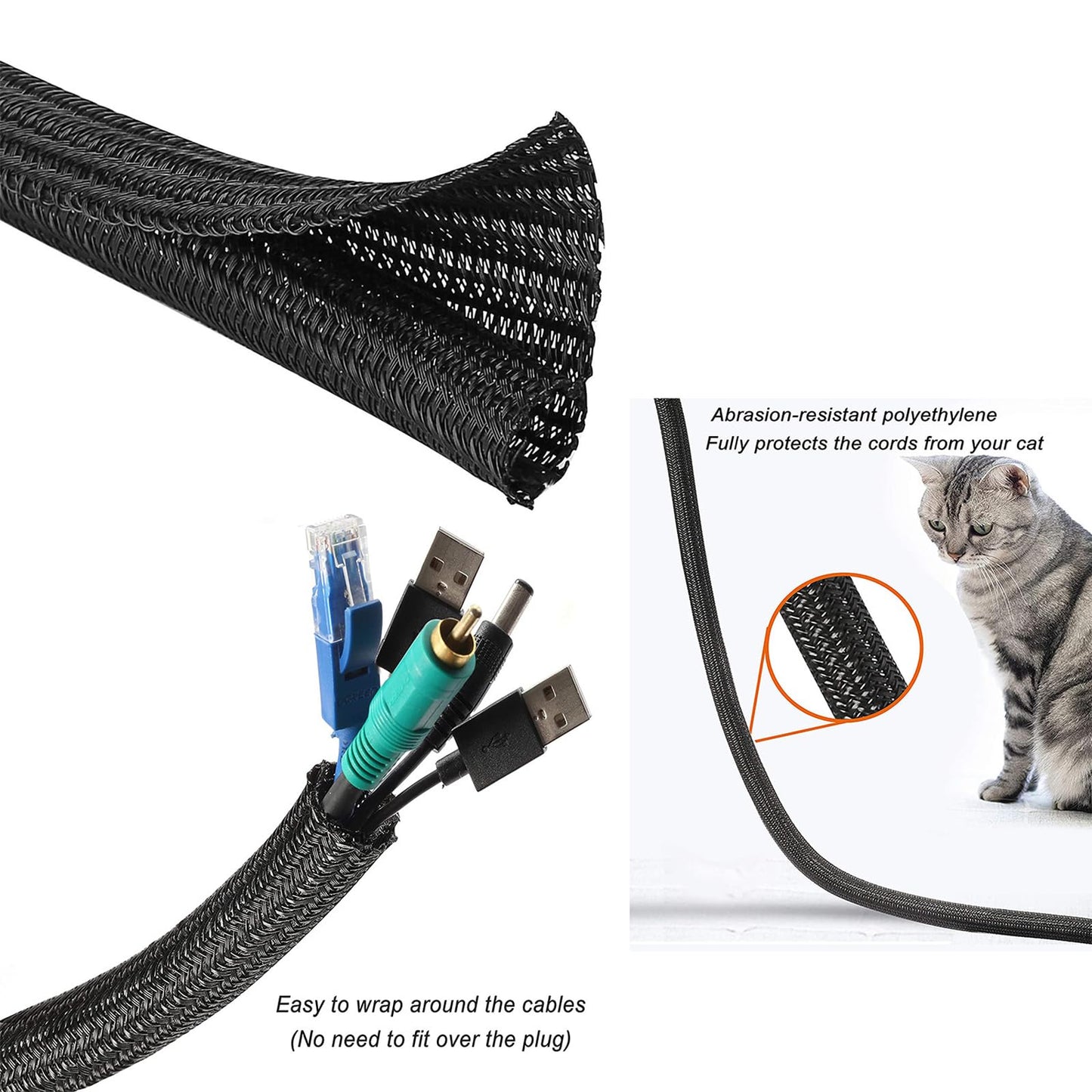 QCSIW 3/8"-25ft Cord Protector Wire Loom Tubing Split Sleeve Cable Sleeve for USB Power Audio Video Cables - Pet Chewing Protection, Flexible Cable