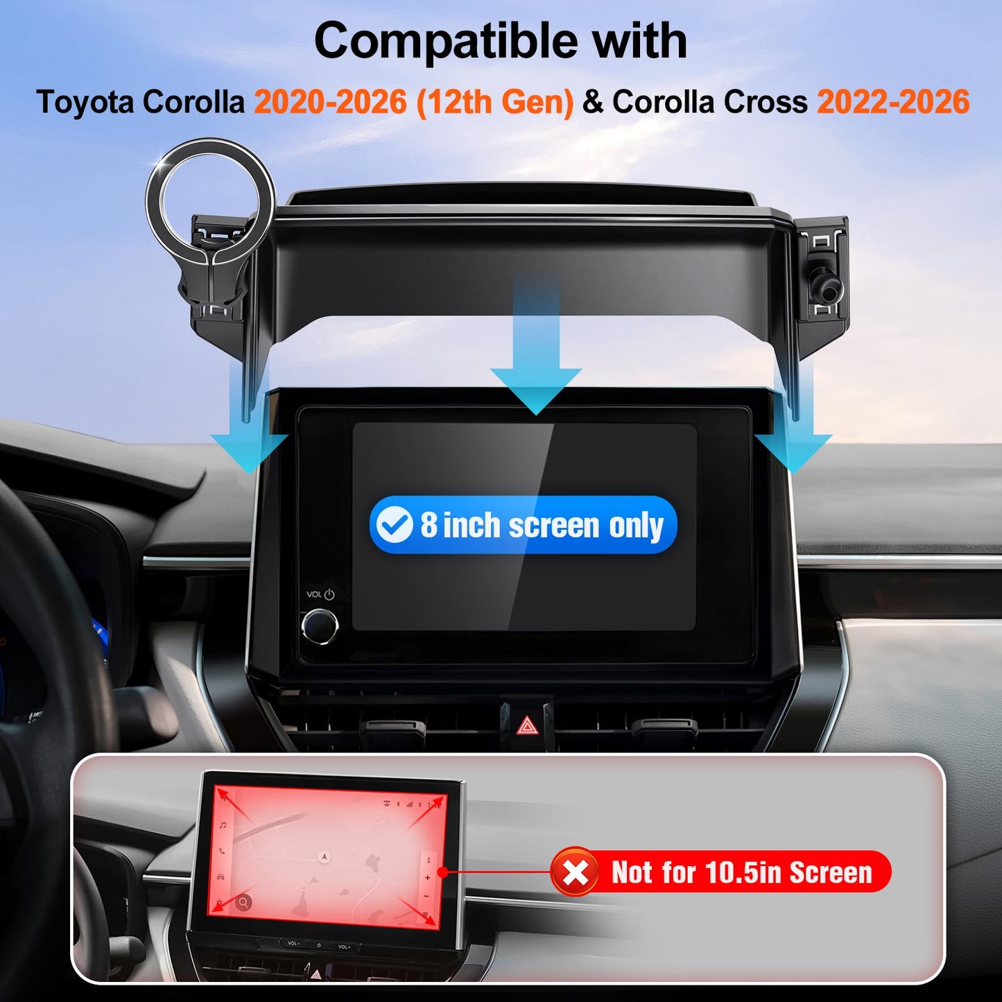 Phone Holder for Toyota Corolla 2026 2025 2024 2023 2022 2021 2020 & Corolla Cross 2022-2026 Accessories: (Fits 8 inch Screen)(Compatible