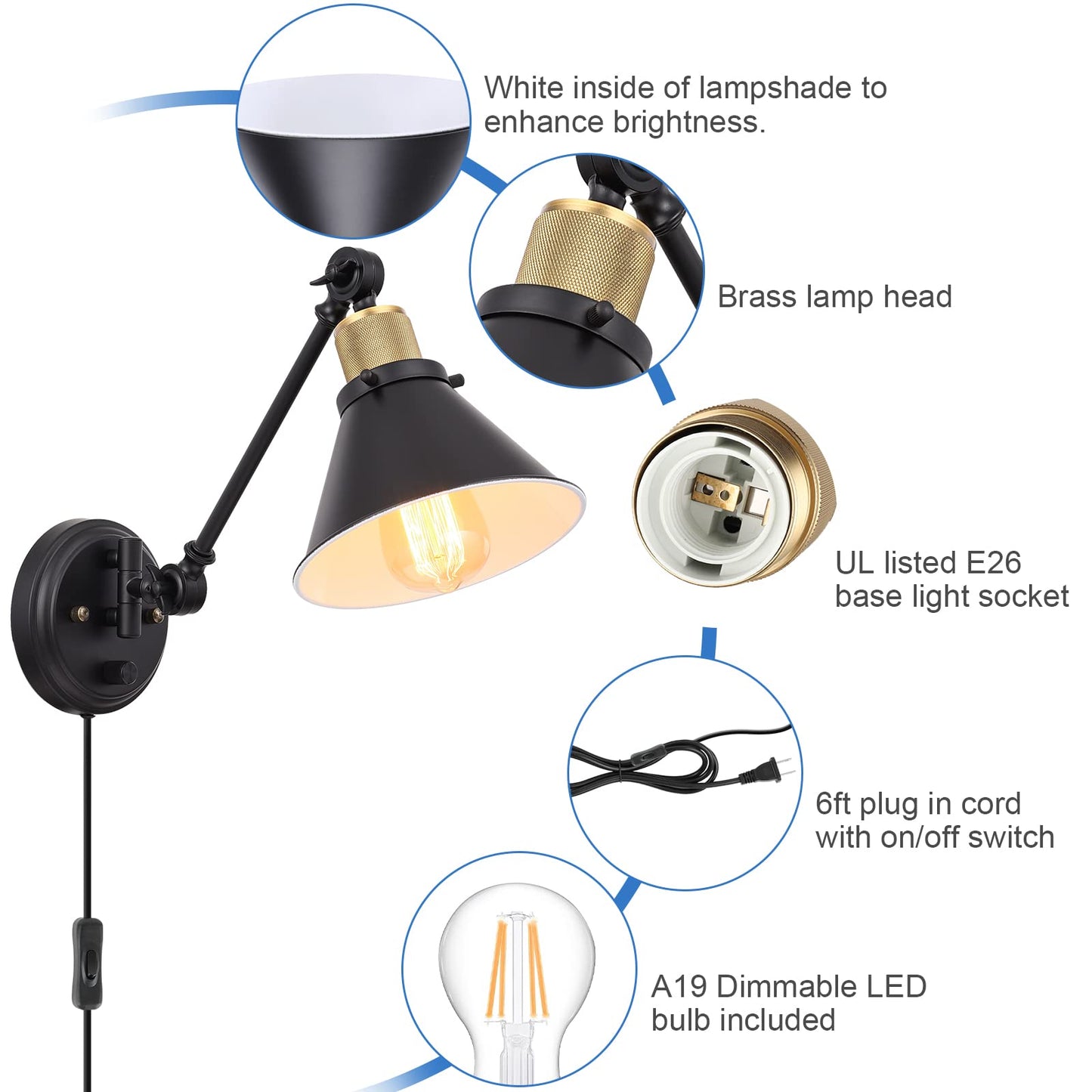 TRLIFE Wall Sconce Plug in, Dimmable Wall Sconces Swing Arm Wall Lights with Plug in Cord, Wall Mounted Light with Dimmer On/Off Knob Switch, UL