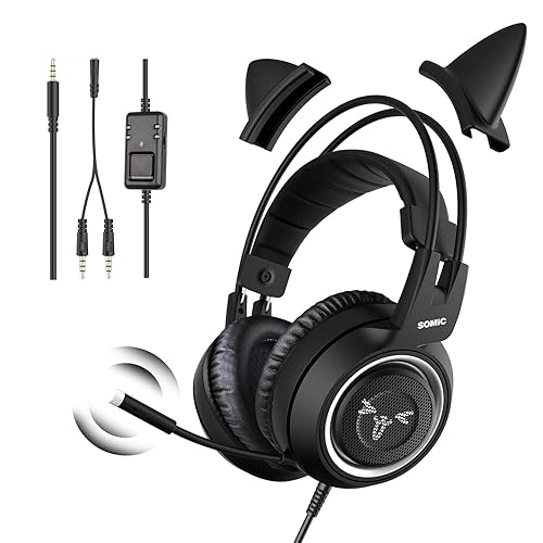 SOMIC Stereo Gaming Headset with Mic for PS4, PS5, Xbox One, PC, Mobile Phone, 3.5MM Sound Detachable Cat Ear Headphones Lightweight Self-Adjusting