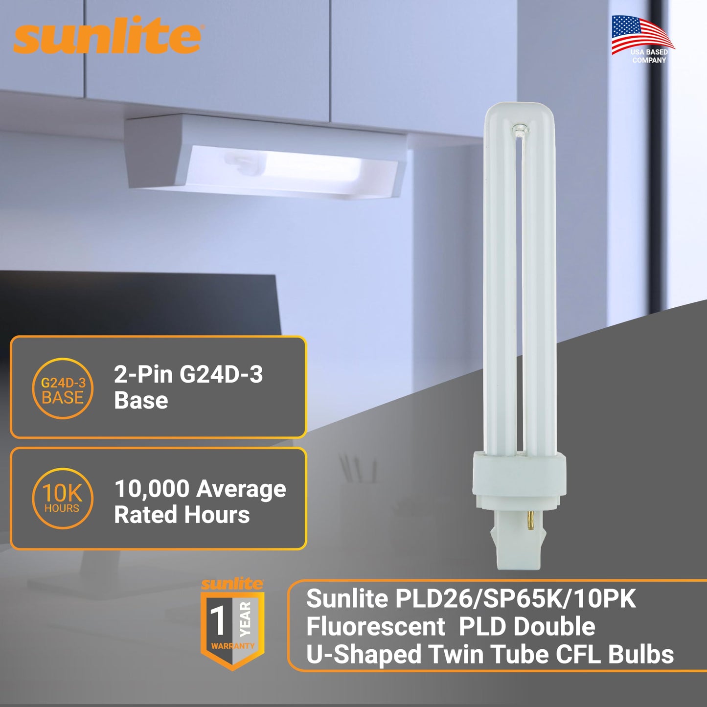 Sunlite Compact Fluorescent PLD 2-Pin Plug-in Double Quad Tube Light Bulb, 26 Watts, 1560 Lumens, 2-Pin G24d3 Base, 6500K Daylight, 10 Pack