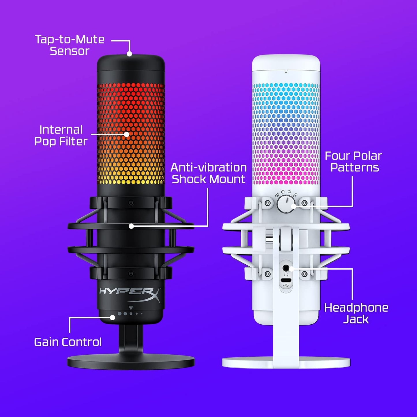 HyperX QuadCast S - RGB USB Condenser Microphone for PC, PS4, PS5 and Mac, Anti-Vibration Shock Mount, 4 Polar Patterns, Pop Filter, Gain Control