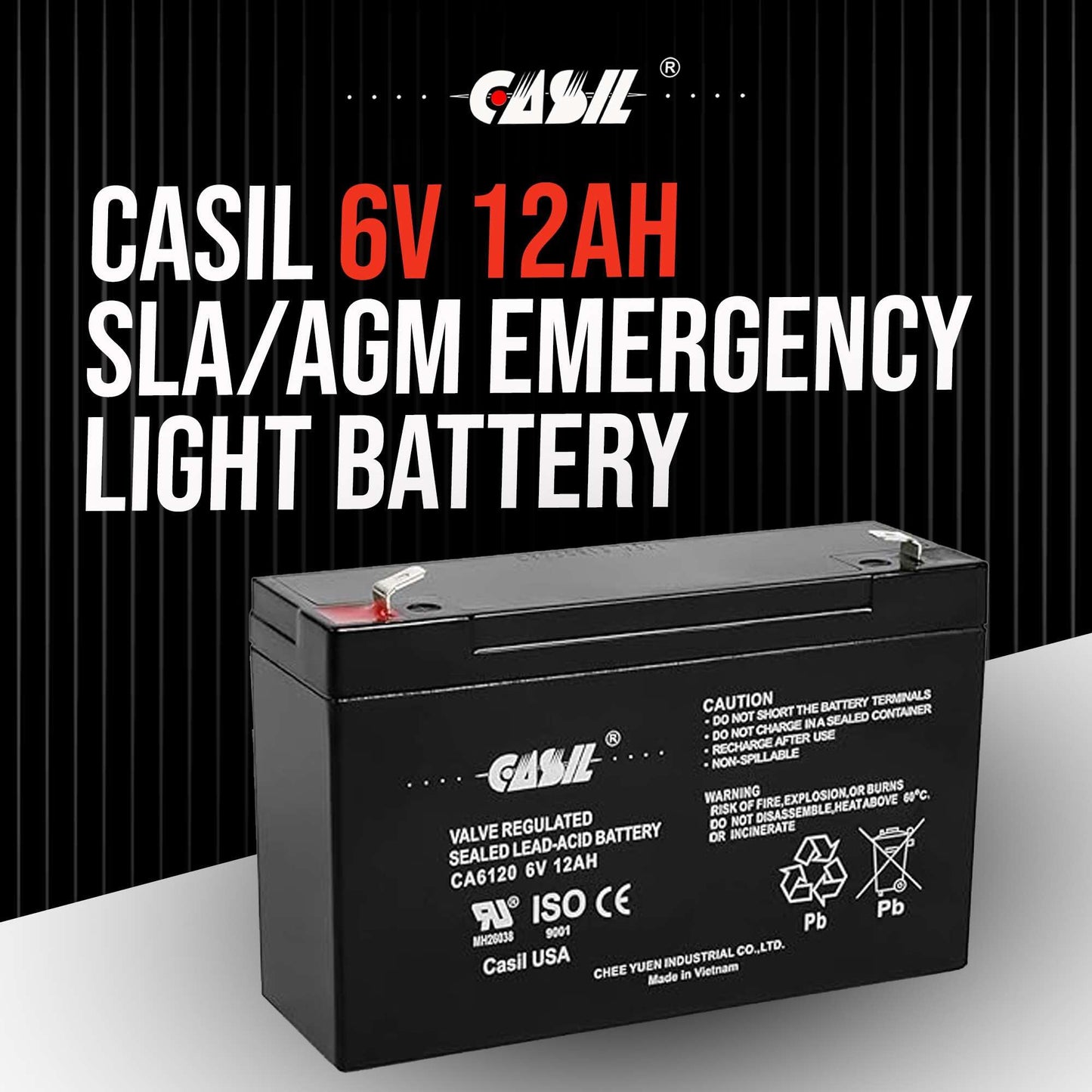 Casil Emergency Light Battery 6v 12ah CA6120 Sealed Lead Acid AGM with F2 Terminal for 6v Emergency Light Battery