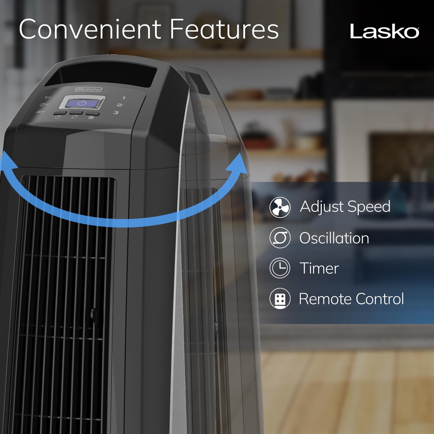 Lasko High Velocity Oscillating Tower Fan, 3 Powerful Speeds, Timer, Adjustable Directional Louvers, Remote Control, For Bedroom, Basement, Garage
