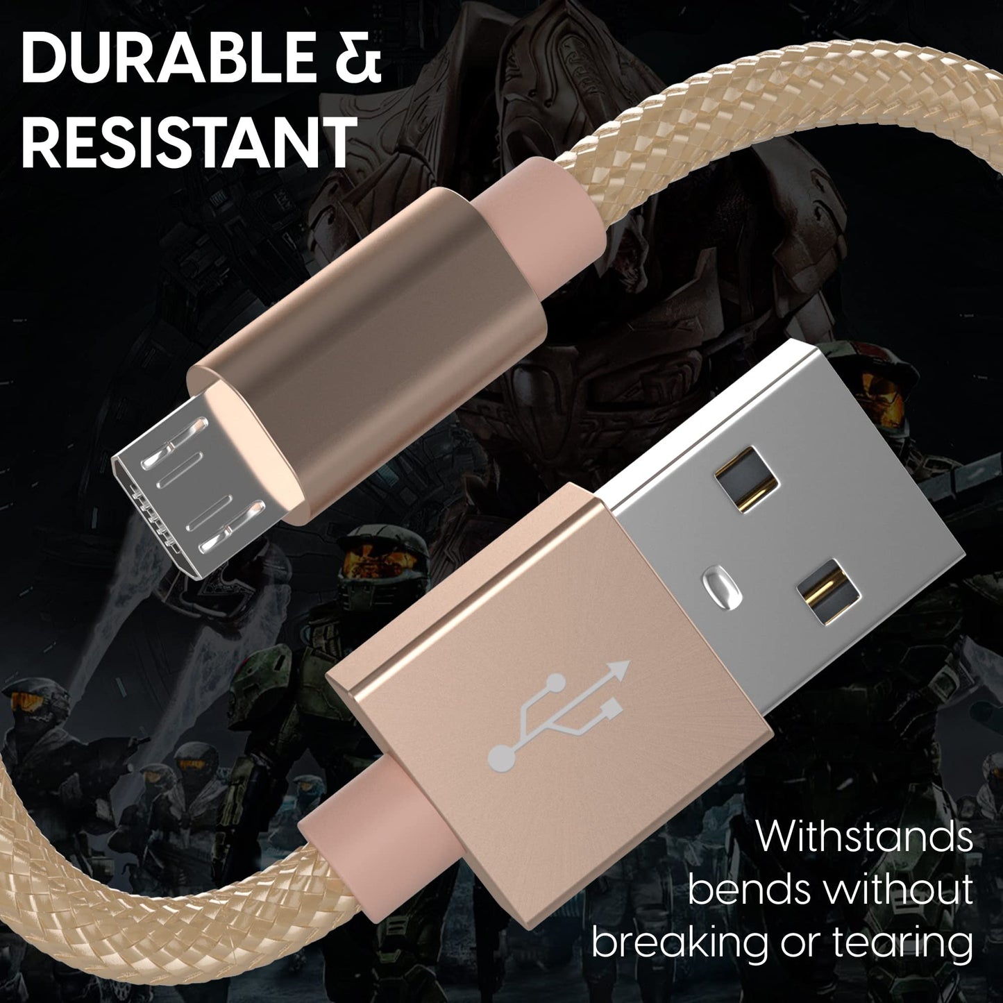 TalkWorks PlayStation 4 Charging Cable - 6' Nylon Braided Micro USB Charger Cord, Heavy Duty Fast Charge for PS4 (Gold, Pack of 2) (14092)
