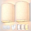 PRTILOUD Battery Operated Wall Sconces Set of Two, Rechargeable Wall Lamp with Remote, 3 Colors Dimmable Fabric Wireless Sconces Wall Decor Set of 2
