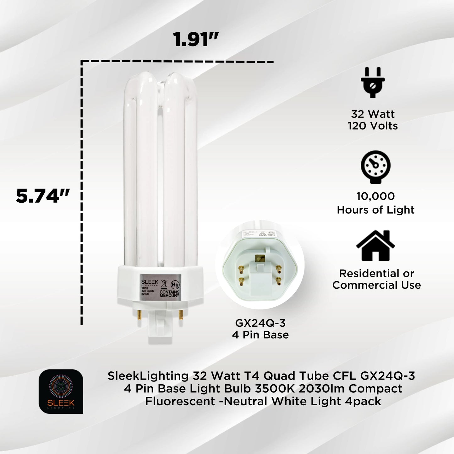 SLEEKLIGHTING 32 Watt T4 Tri Tube CFL 4 Pin GX24Q-3 Base Light Bulb 3500K 2030lm - Compact Fluorescent -Neutral White Light 4pack
