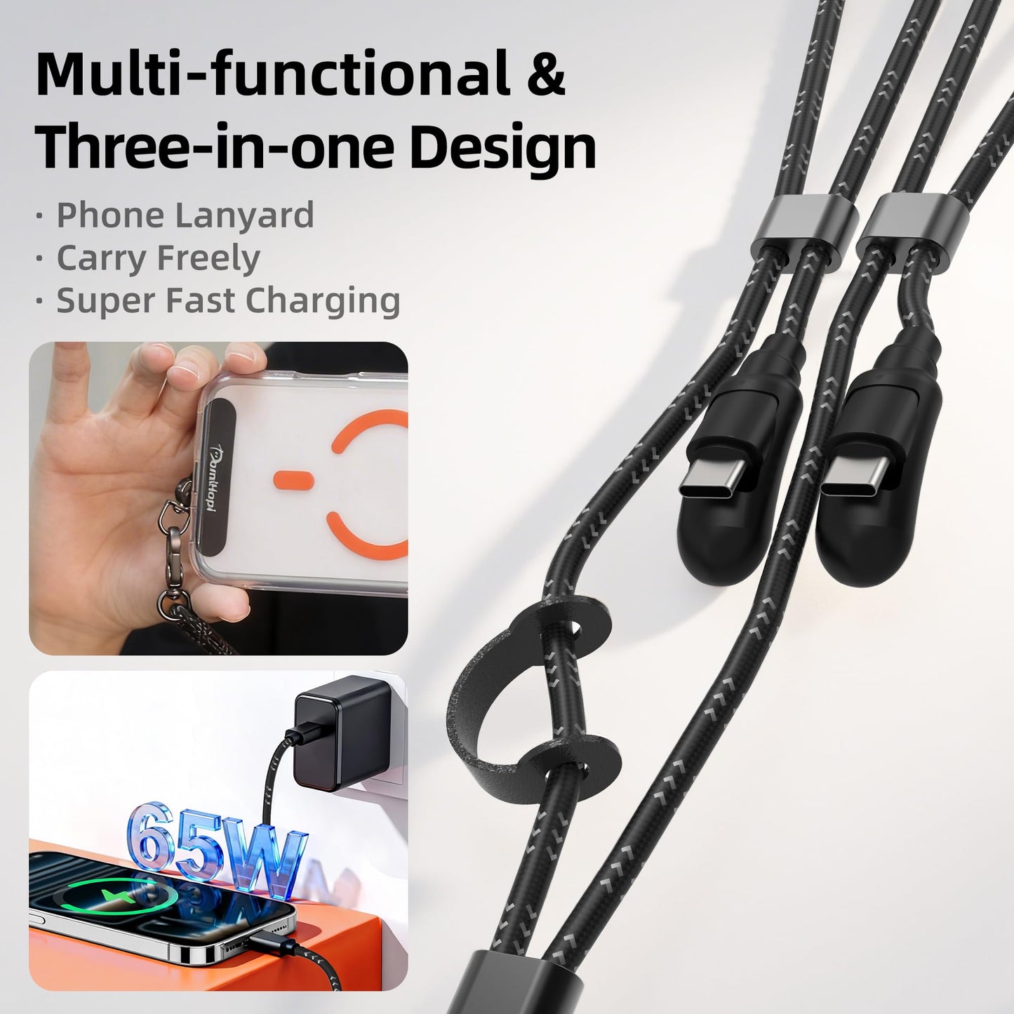 DomiHapi Phone Lanyard, 65W Fast Charging USB-C Data Cable Lanyard, Adjustable Crossbody Neck Strap, Anti-Loss Neck Lanyard, Compatible with iPhone