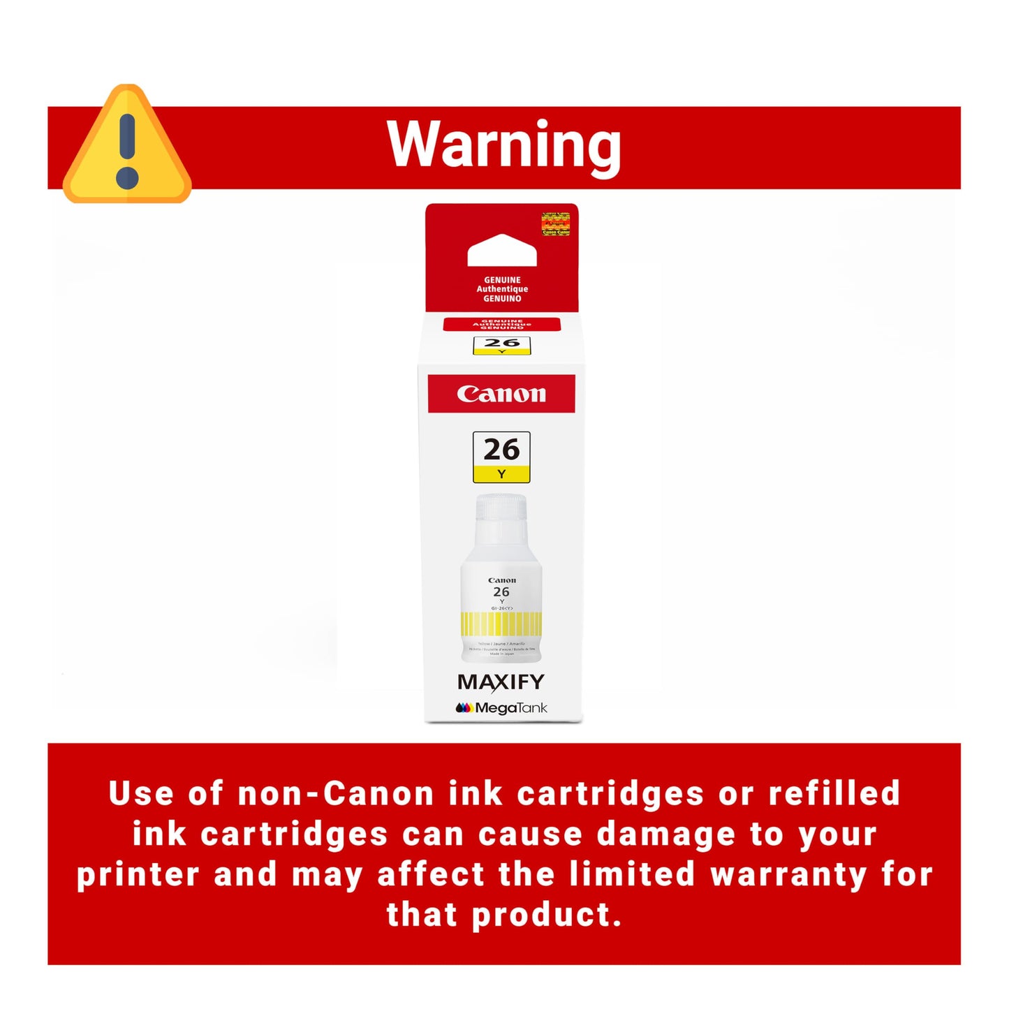 Canon GI-26 Genuine Pigment Yellow Ink Bottle, Compatible with MegaTank GX7120, GX6120, GX5120, GX6020, GX7020, GX6021, GX7021, GX5020, GX4020,