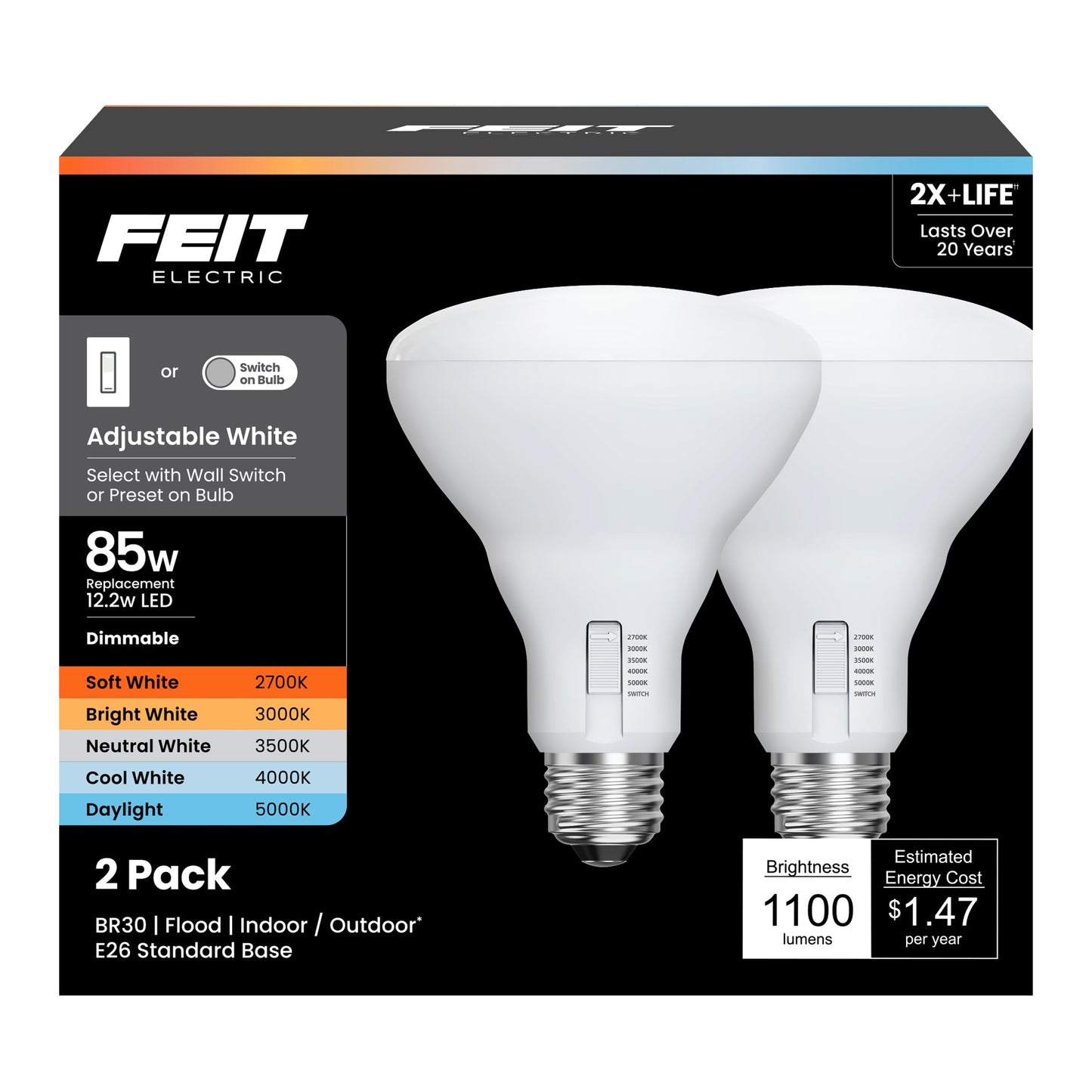Feit Electric BR30 LED Light Bulb, 85W Eq, 5CCT 6Way, 2 Pack