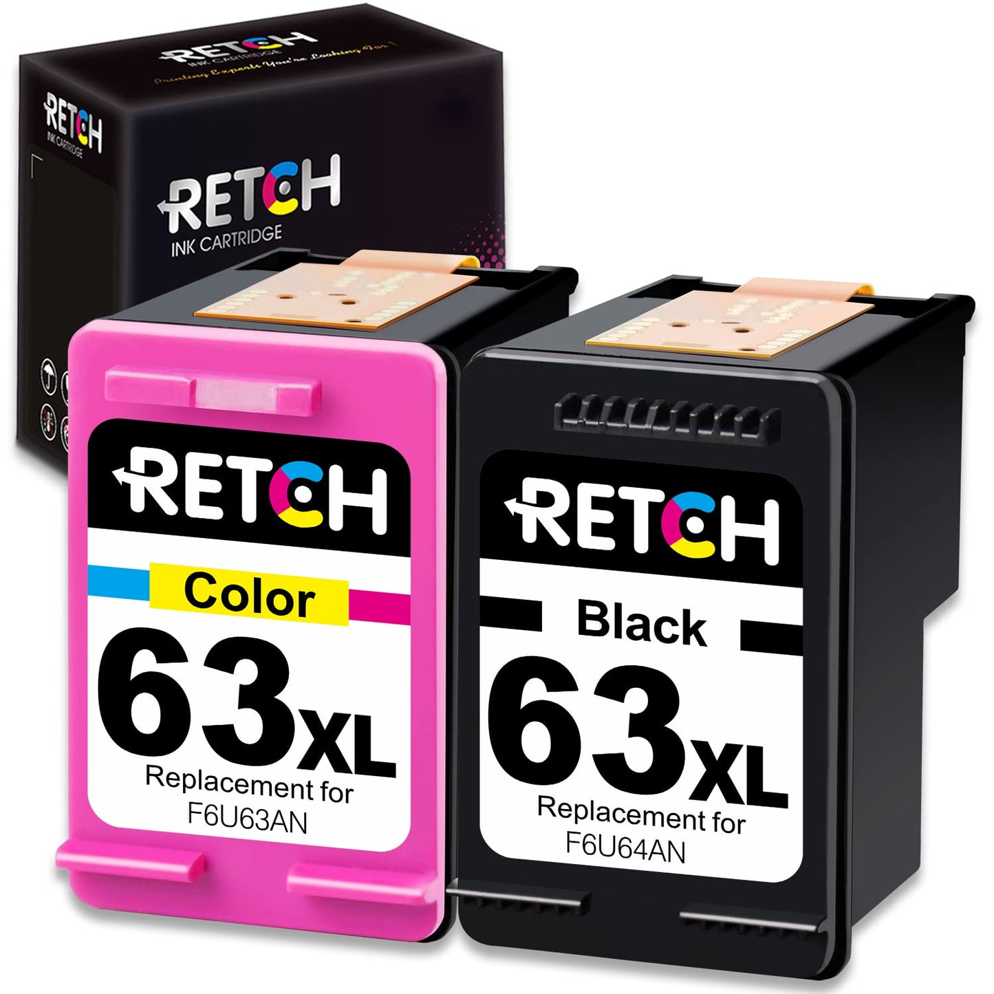 RETCH Remanufactured Ink Cartridge Replacement for HP 63 Ink 63XL Compatible with OfficeJet 3830 5255 5258 Envy 4520 4512 4513 4516 DeskJet 1112 1110