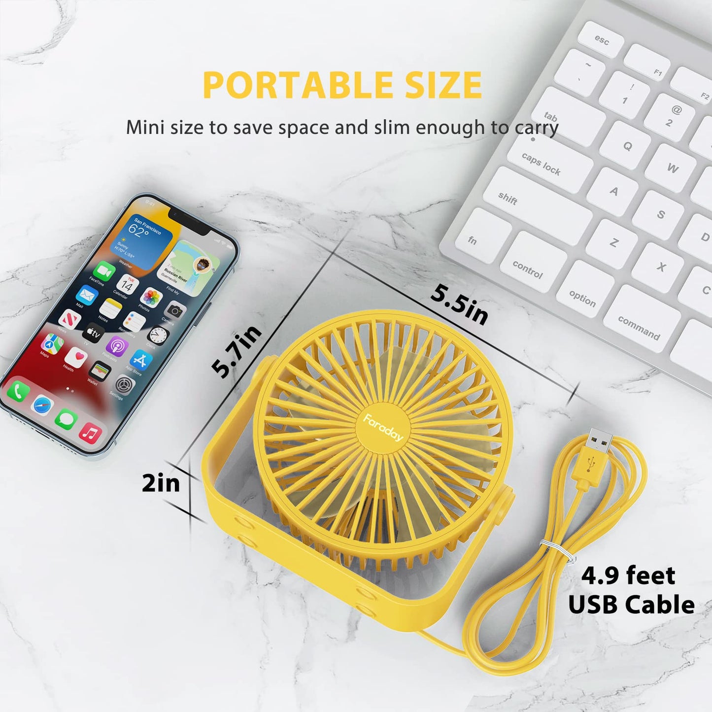 FARADAY USB Desk Fans 5 Inches Portable Table Fans 360° Head Rotation Small Personal Desktop Fan for Home Office, 3 Speeds, Yellow