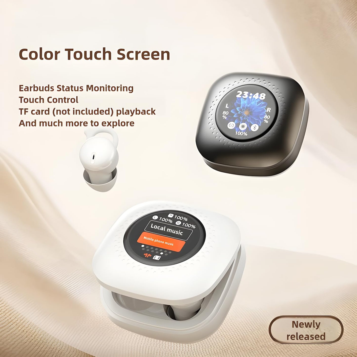 Bluripp Sleepals Touch Wireless Sleep Earbuds with Smart Charging Case, Noise Reducing Headphones for Side Sleepers, Touch Screen Display (White)