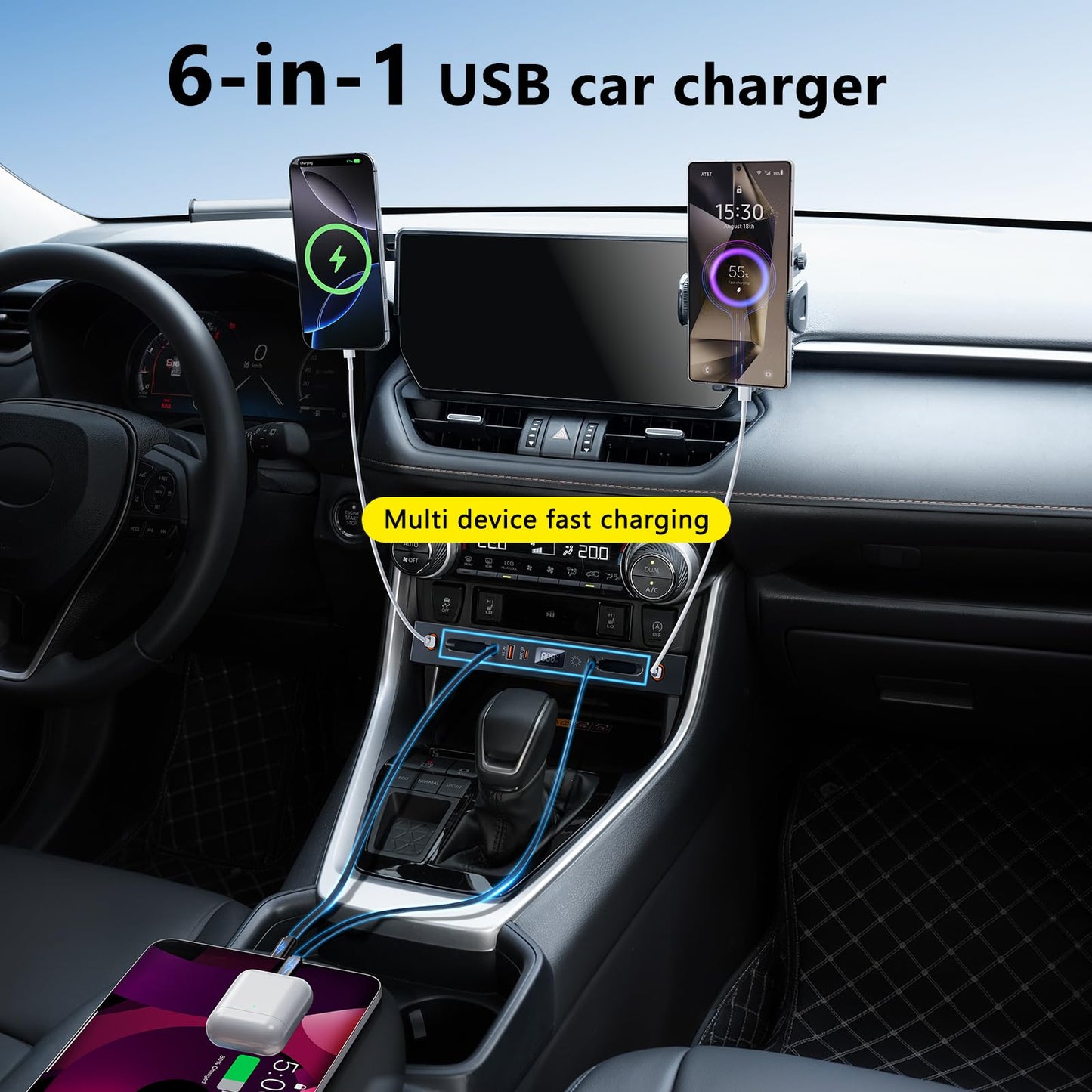 ELOHEI Car Charger Compatible with Toyota RAV4, Fast Charger for Toyota RAV4 Accessories 2020 2021 2022 2023 2024 2025 Multi Port Retractable Docking