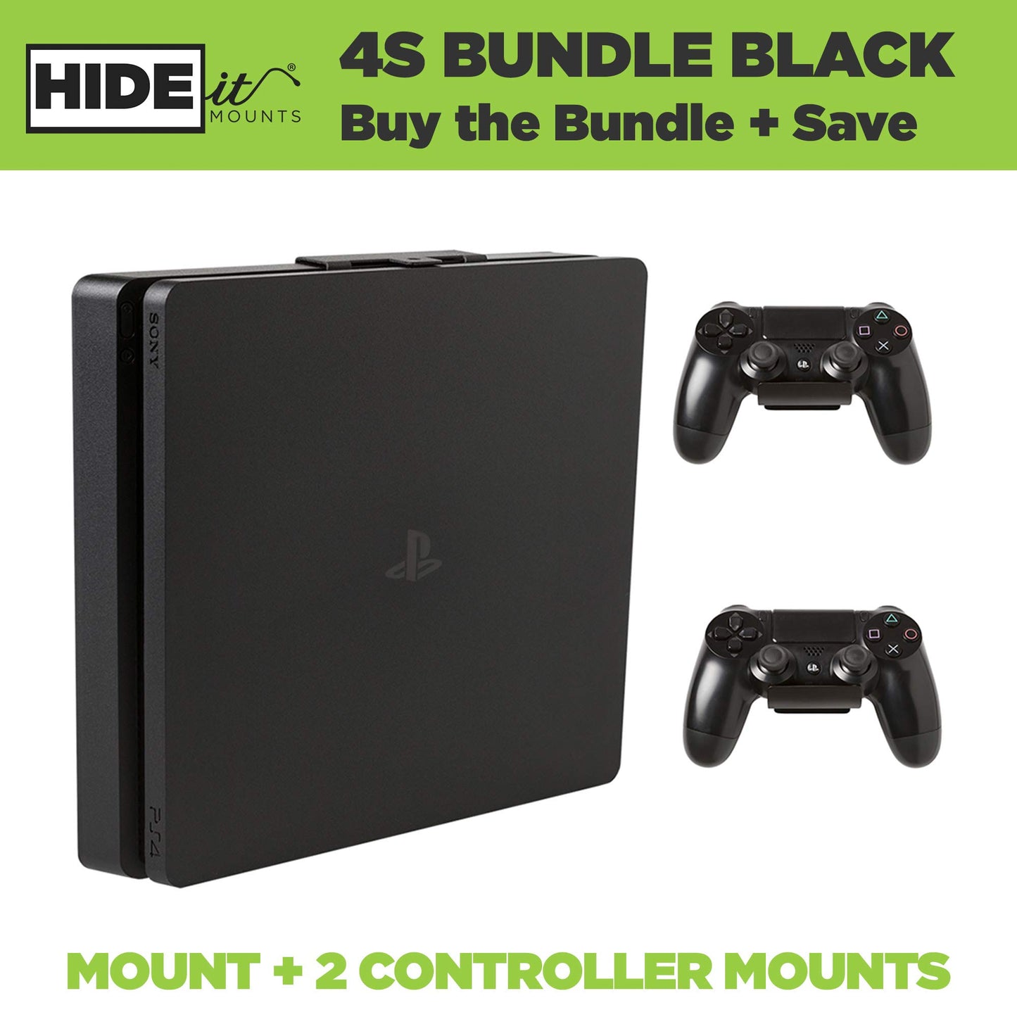 HIDEit Mounts 4S Bundle, Wall Mounts for PS4 Slim and Controllers, Steel Wall Mount for PlayStation 4 Slim and 2 Controller Mounts to Safely Store