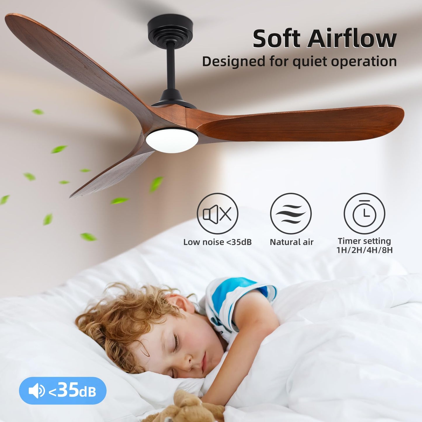 Homlit 60” Outdoor Ceiling Fan with Light 3 Downrods, Smart Wood Ceiling Fan Compatible with Alexa/Google/App, 3 Blades Modern Walnut Wood Ceiling