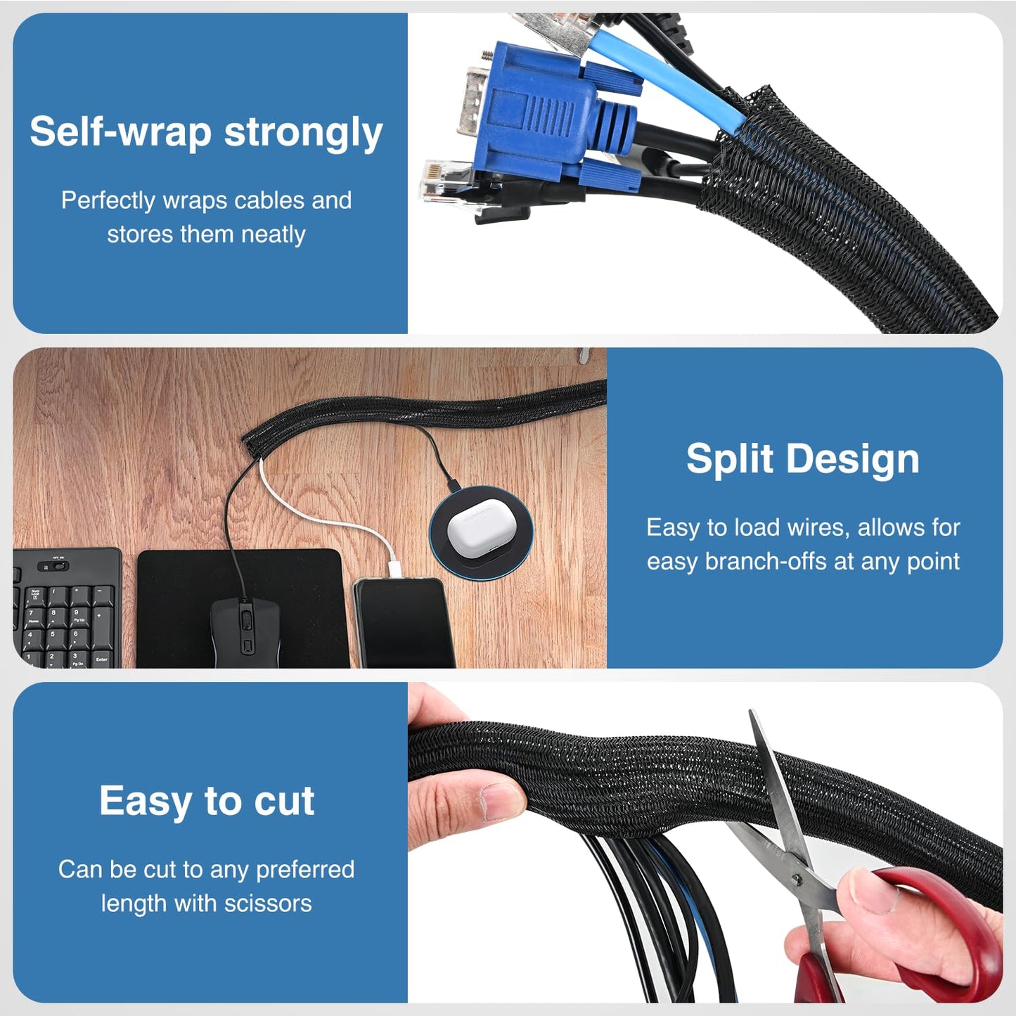 Nilight Cable Sleeve, 25ft-1inch Cord Management Sleeves, Braided Sleeving, Split Self Wrapping Wire Loom for Computer Electrical Automotive Harness