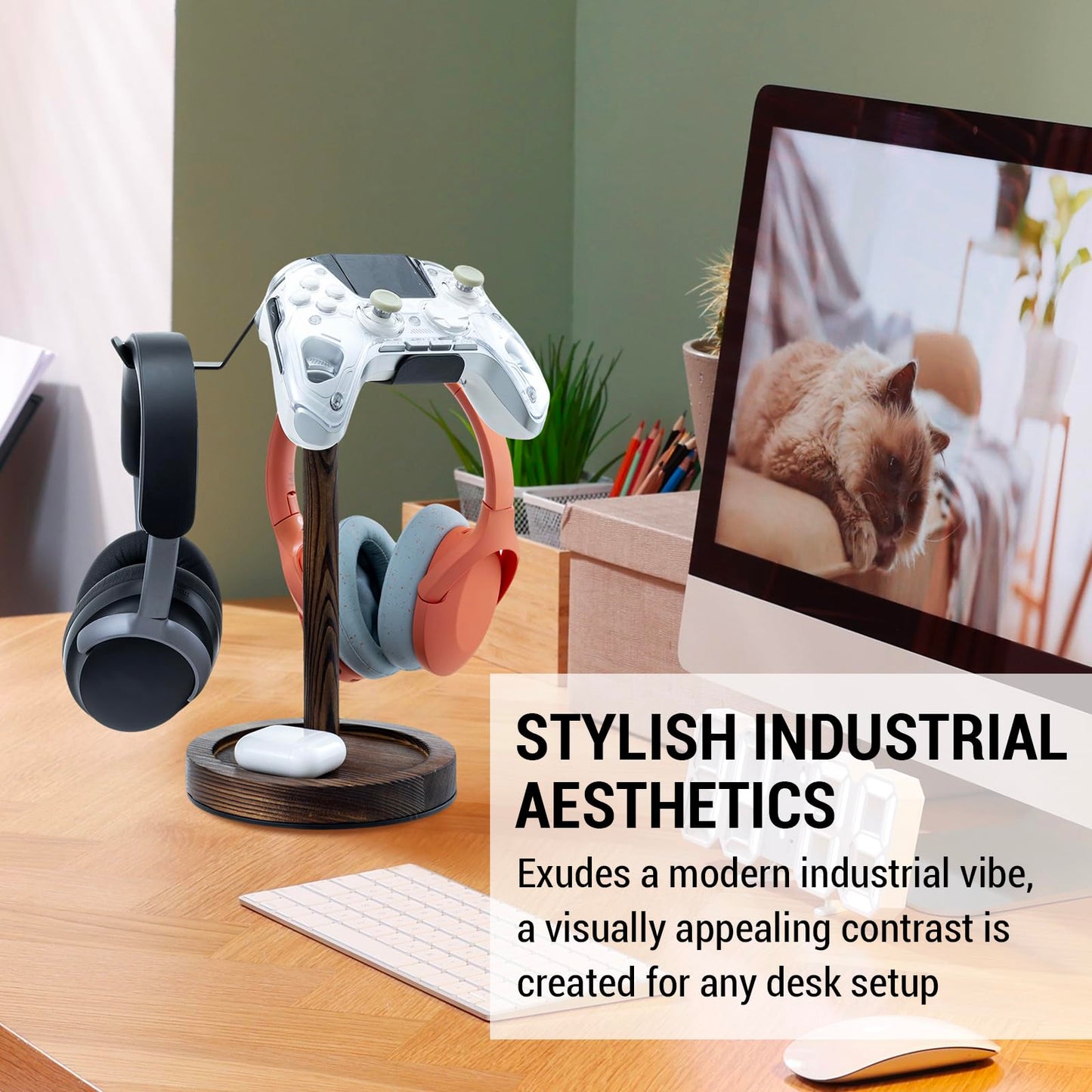 MyGift Industrial Matte Black Metal Headphone Stand with Burnt Wood Tray - Desktop Headset and Gaming Controller Holder for Office, Studio, or…