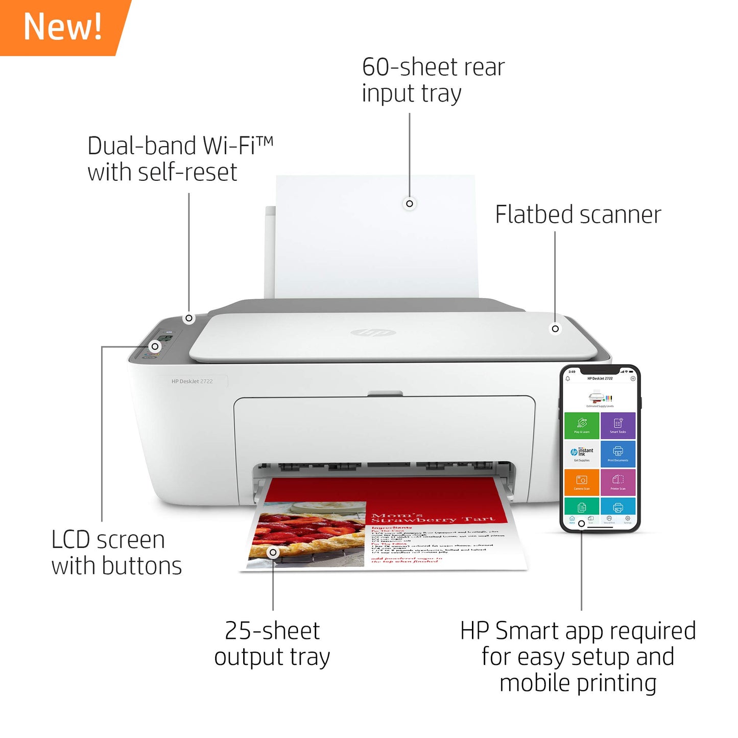 HP DeskJet 2722 Wireless Bluetooth Color Inkjet All-in-One Printer for Home Office, Gray - Print Scan Copy - 1200 x 1200 dpi, Icon LCD Display