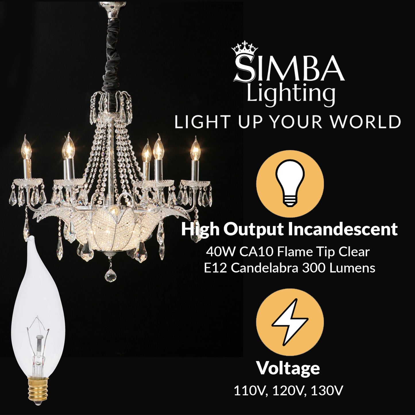 Simba Lighting Candelabra Flame Tip Clear CA10 25W E12 Base 120V, 12 Pack