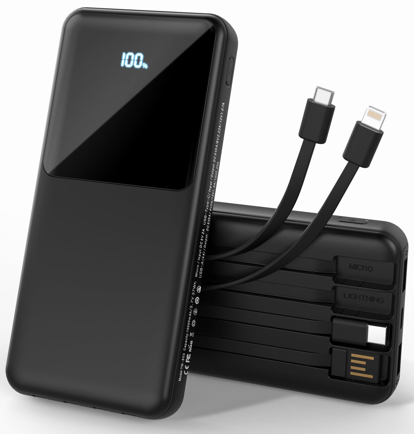 ZUOGGPET Portable Charger with Built in Cables, Power Bank with Cords Wires, Slim 10000mAh Travel Battery Pack 6 Outputs 3 Inputs 3A Fast Charging