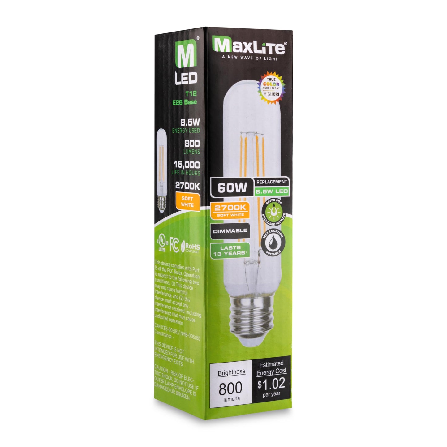 Maxlite EF8.5T12D927/JA8 Enclosed LED Filament Lamp, Clear Edison Style T12 Bulb, 8.5W, 800lm, 2700K, E26 Base, Dimmable, 120V, Lamps for Living Room
