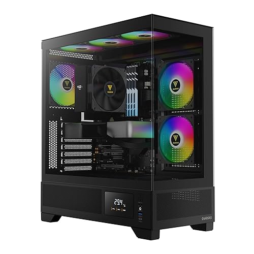 GAMDIAS Mid Tower Gaming Computer Case w/Display& App, ATX Tempered Glass PC Case, Built-in 3X 120mm ARGB PWM Fans, Up to RTX 4000 GPU/VGA 410mm&