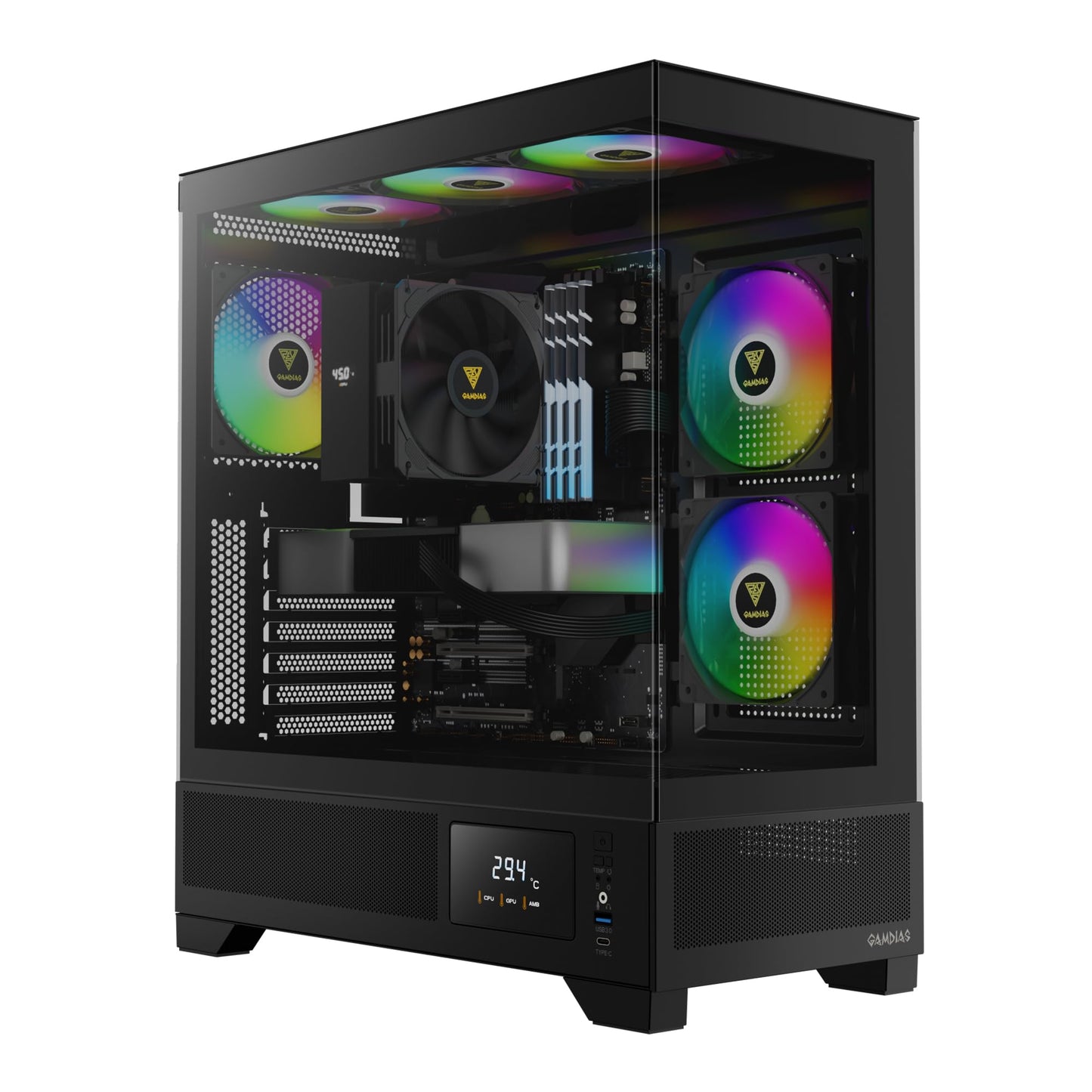 GAMDIAS Mid Tower Gaming Computer Case w/Display& App, ATX Tempered Glass PC Case, Built-in 3X 120mm ARGB PWM Fans, Up to RTX 4000 GPU/VGA 410mm&