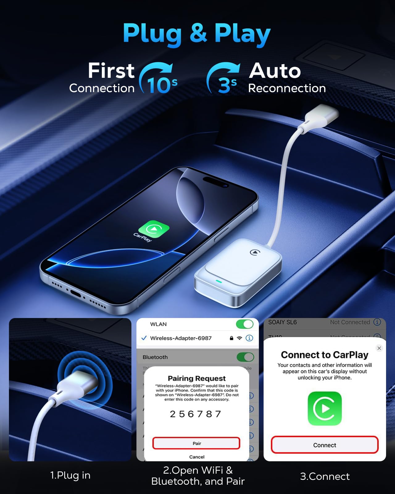 MoKo Wireless CarPlay Adapter for iPhone 2025, Converts Wired Car Play to Wireless Dongle, Plug and Play Fast Response Bluetooth CarPlay Adaptor