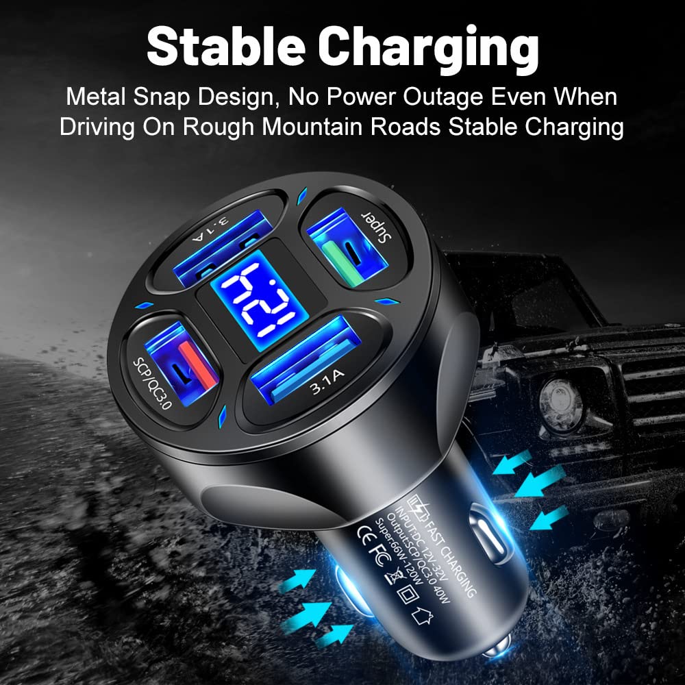 Alanph 66W Multi Port Car Charger Adapter with Voltage Monitor, 4 USB QC3.0 Super Fast Charge Cigarette Lighter USB Charger, Compatible
