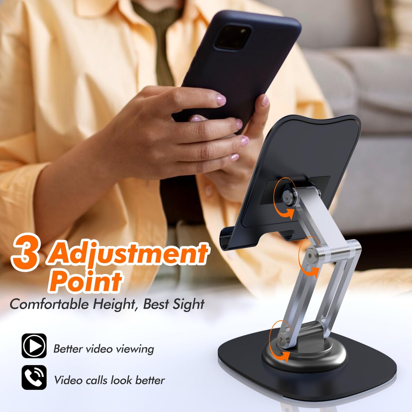 ZTGYGY Metal Phone Stand for Desk, Adjustable Foldable Desktop Phone Holder, 360 Degree Rotating Cell Phone Stand for Recording Compatible with iPhone