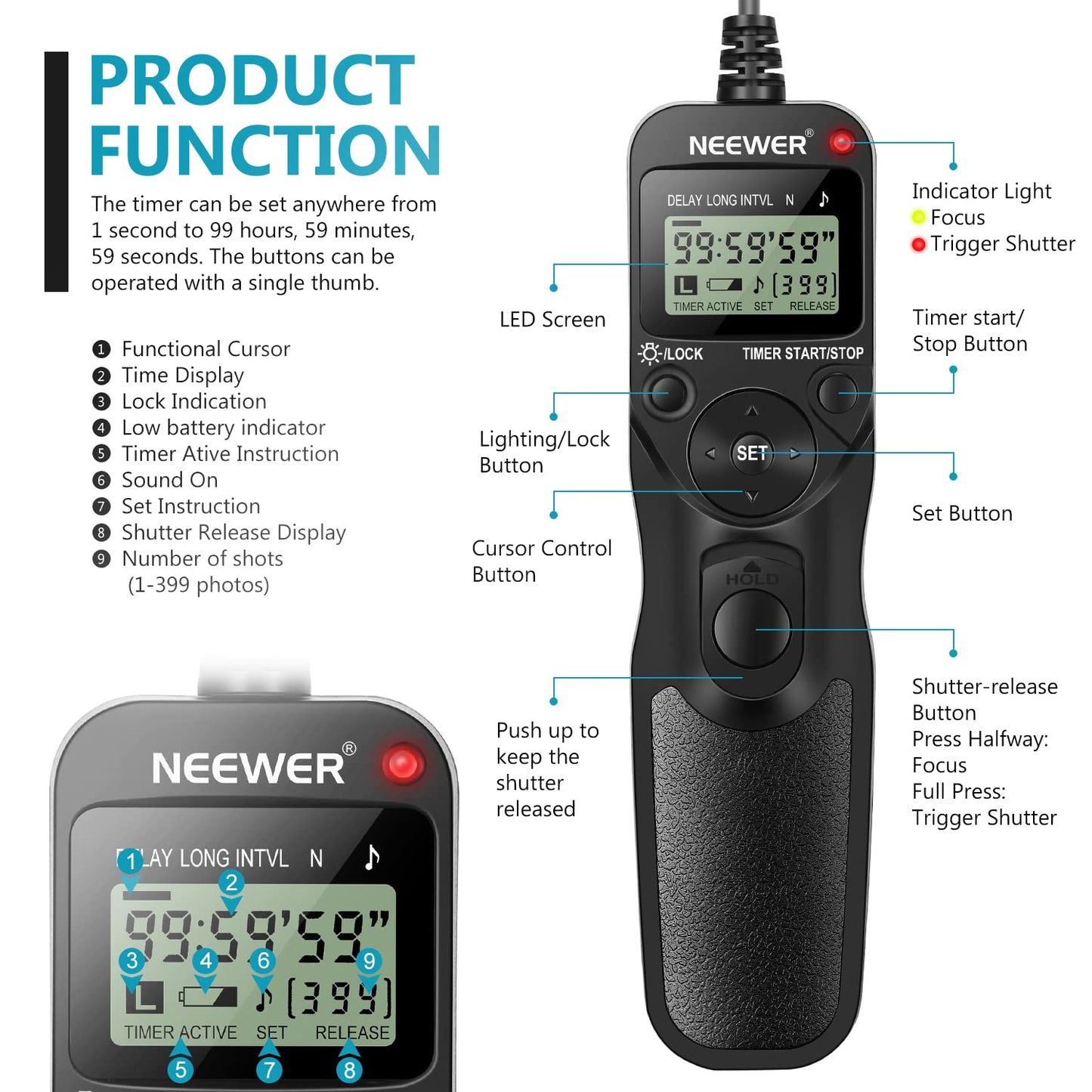 Neewer Digital Timer Remote Shutter Release Trigger(Replacement for MC-DC2)for Nikon D90 D600 D610 D3100 D3200 D3300 D5000 D5100 D5200 D5300 D7000