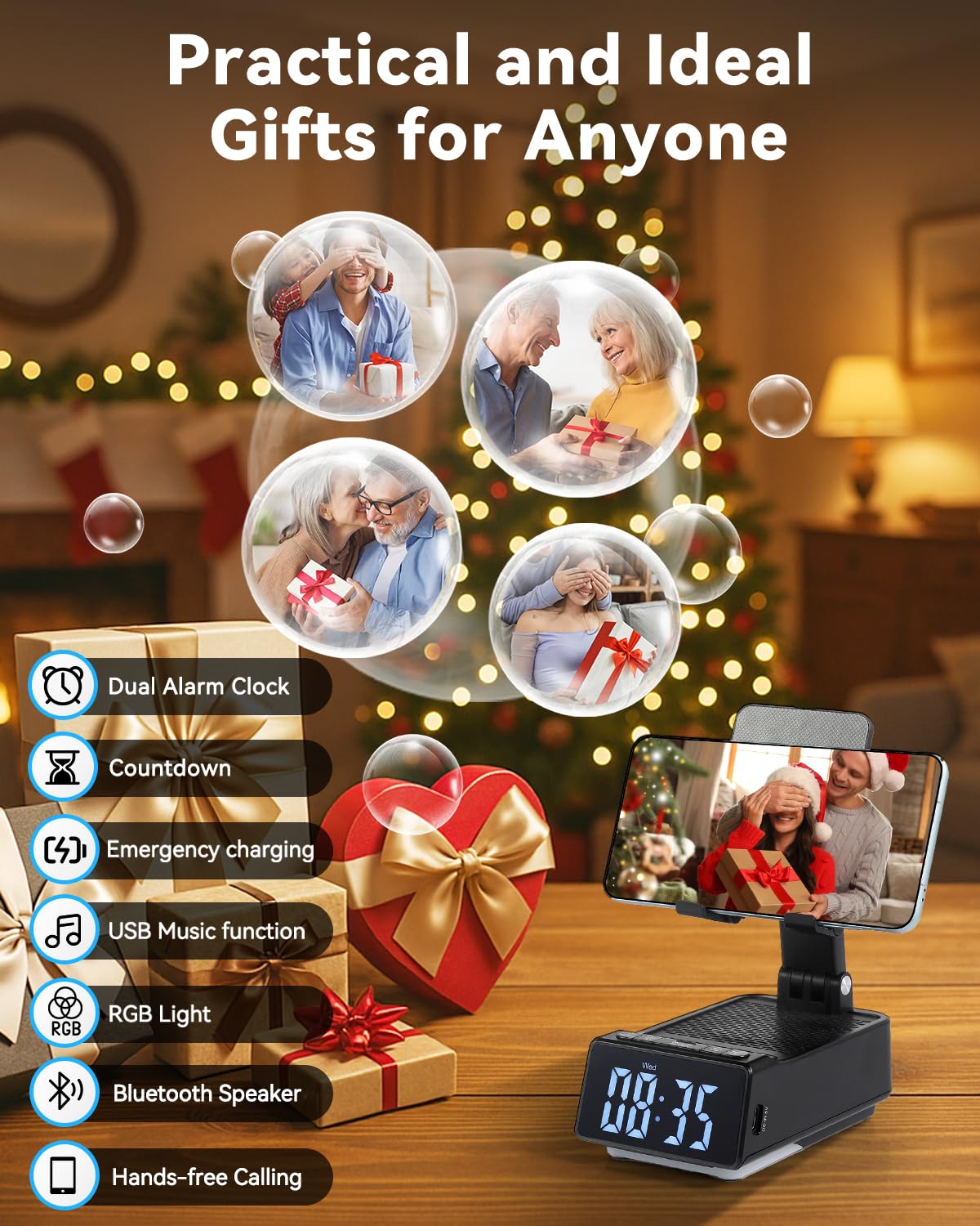 Father's Day Gifts for Dad, Birthday Gifts for Men, 7 in 1 Phone Stand Bluetooth Speaker with Alarm Clock, Wireless Charger, Light, USB Playback