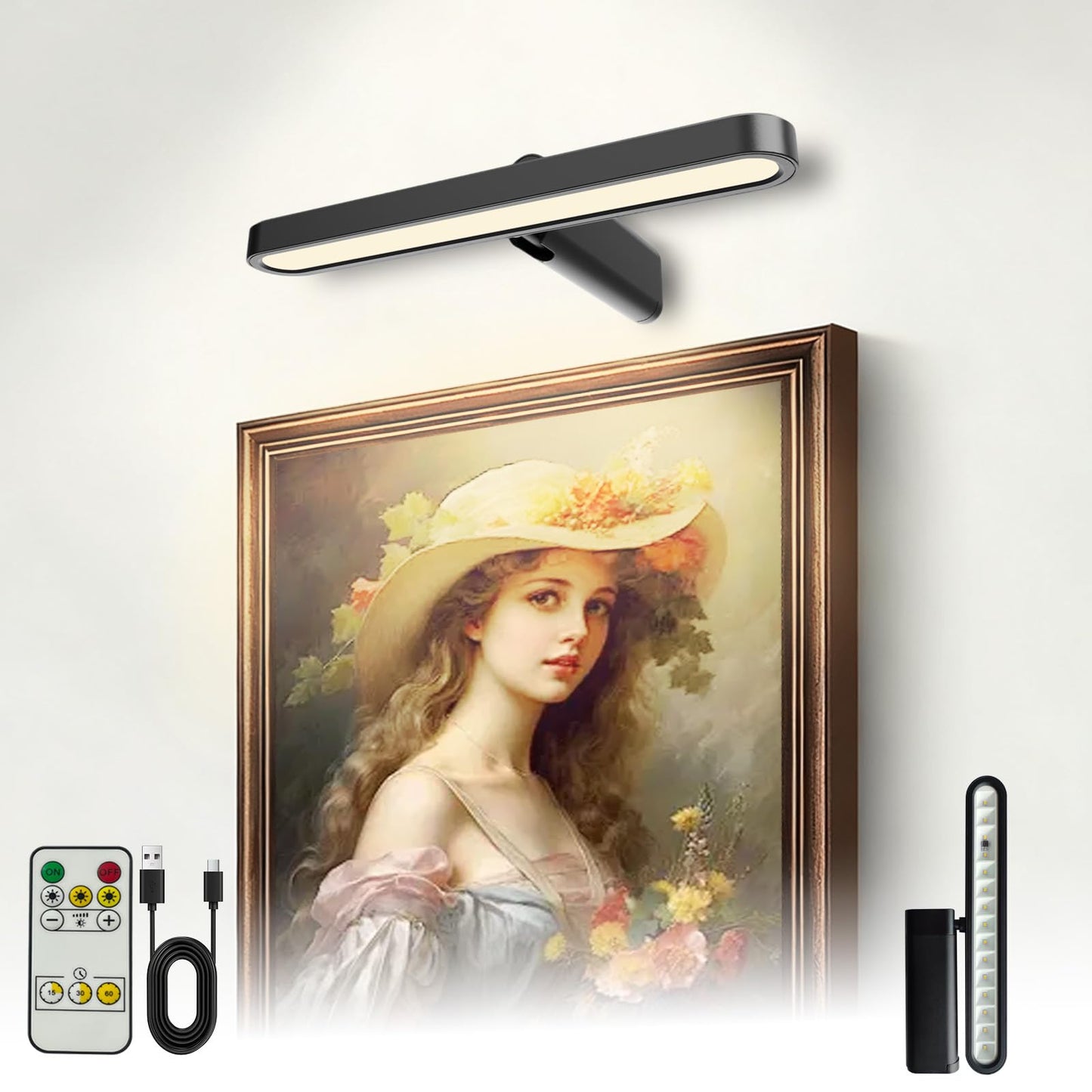 Picture Lights for Wall Battery Operated 4800mAh, 10inch Rechargeable Display Light with Remote/Rotatable, Dimmable/3CCT LED Art Cordless Lamp