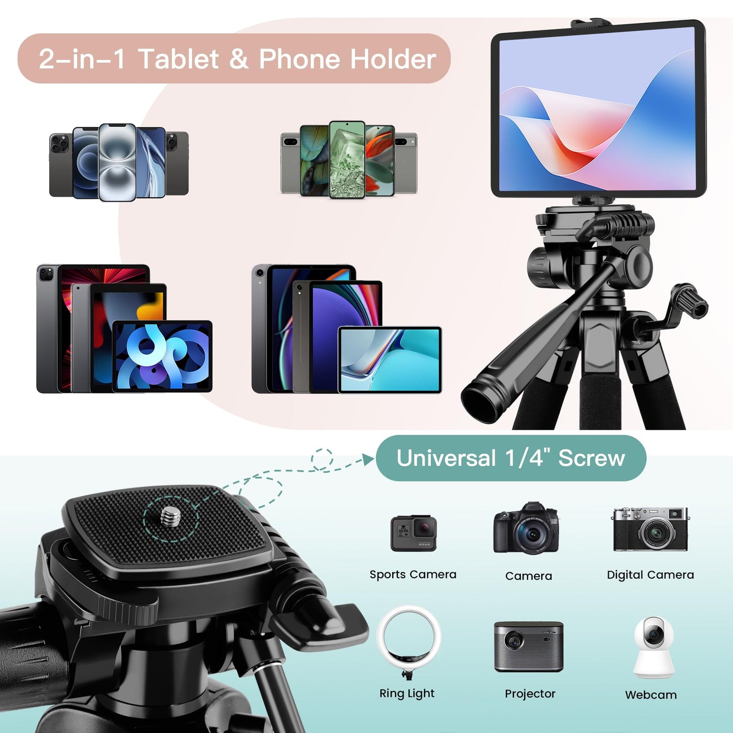 Camera Tripod Stand, 68" Phone Tripod for Tablet with Remote and Holder, Lightweight and Compact Travel Tripod for Canon Sony Camera, Compatible