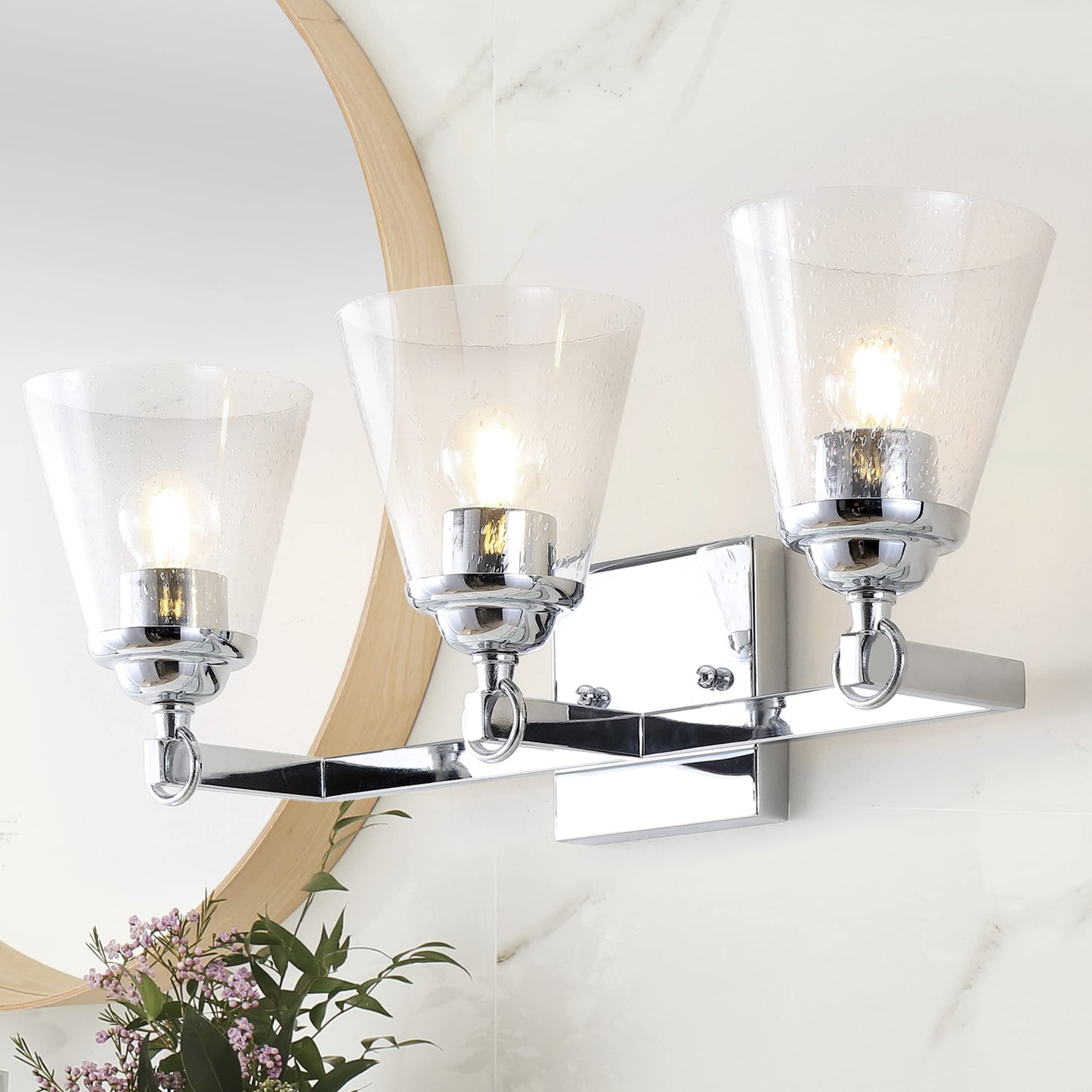 JONATHAN Y 21" Chrome Marion 3-Light Vanity Light Wall Sconce for Bathroom Decor, Clear Seeded Glass Shade, Reversible Hardwired Lamp for Mirror