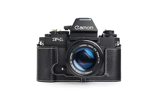 F-1 Case, BolinUS Handmade Genuine Real Leather Half Camera Case Bag Cover for Canon New F-1 Camera with Hand Strap (Black)