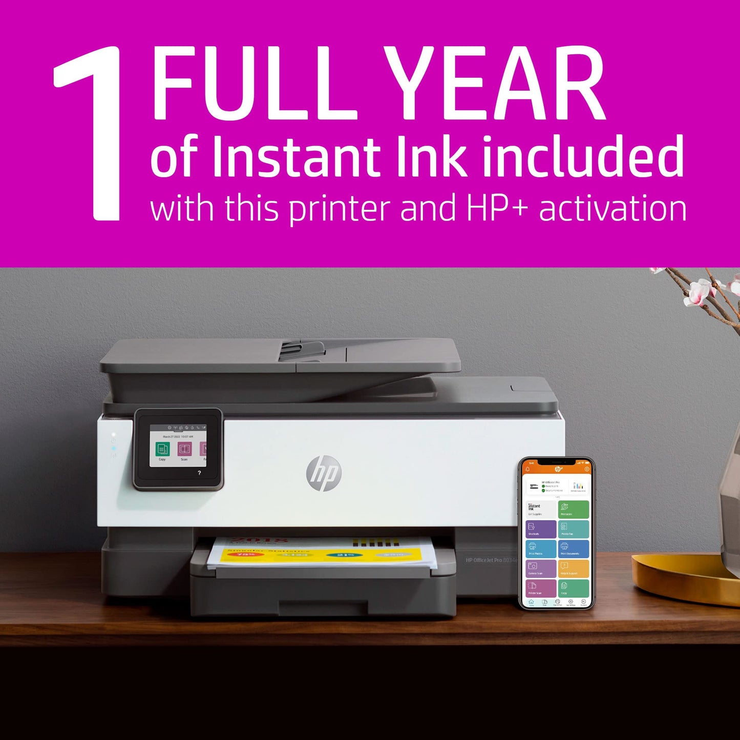 HP OfficeJet Pro 8034e Wireless Color All-in-One Printer with 1 Full Year Instant Ink,White (Renewed)