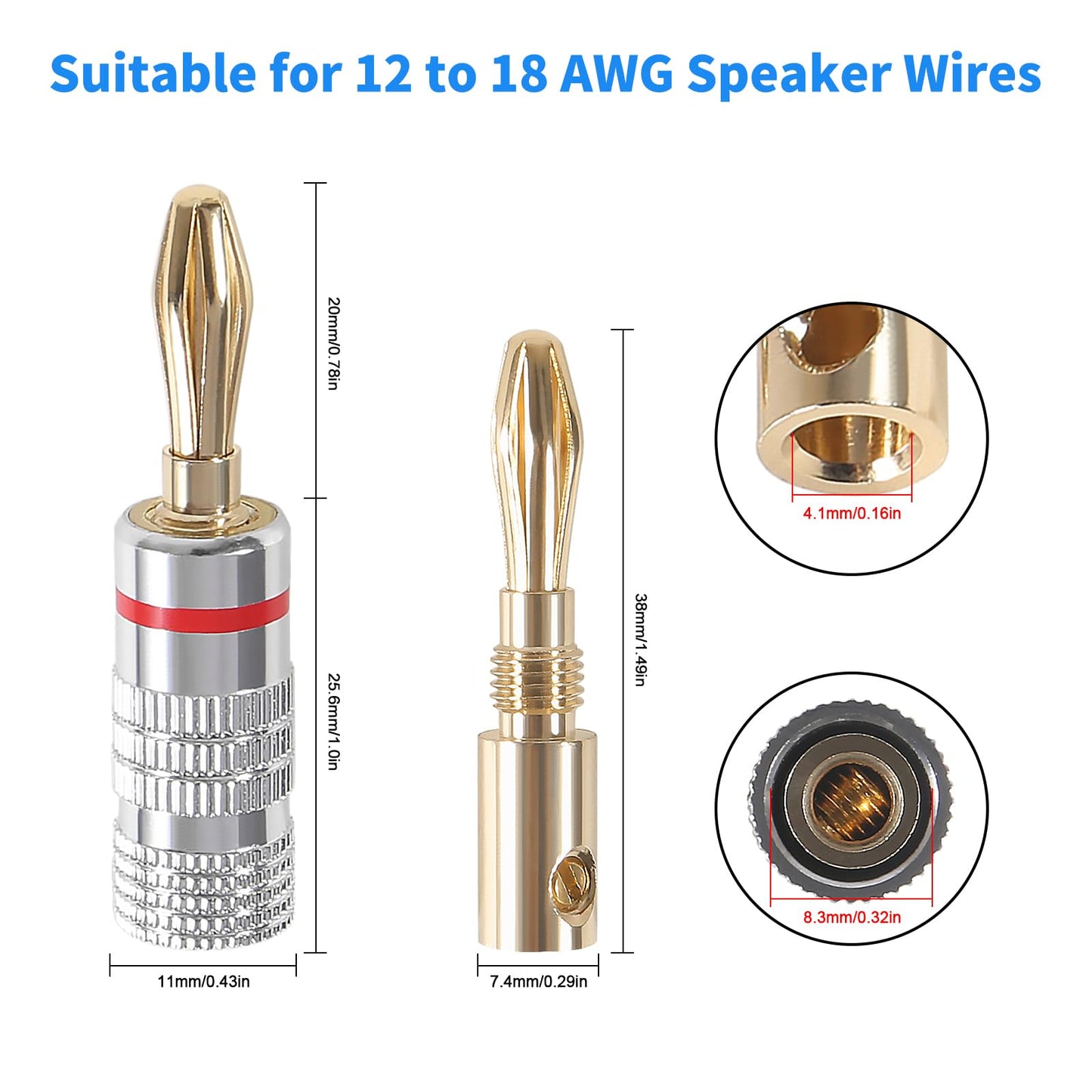 JUZITAO 12Pairs/24pcs Banana Plugs Audio Jack Connector 24K Gold Dual Screw Lock Banana Speaker Plug Connectors for Speaker Wire, Wall Plate, Home