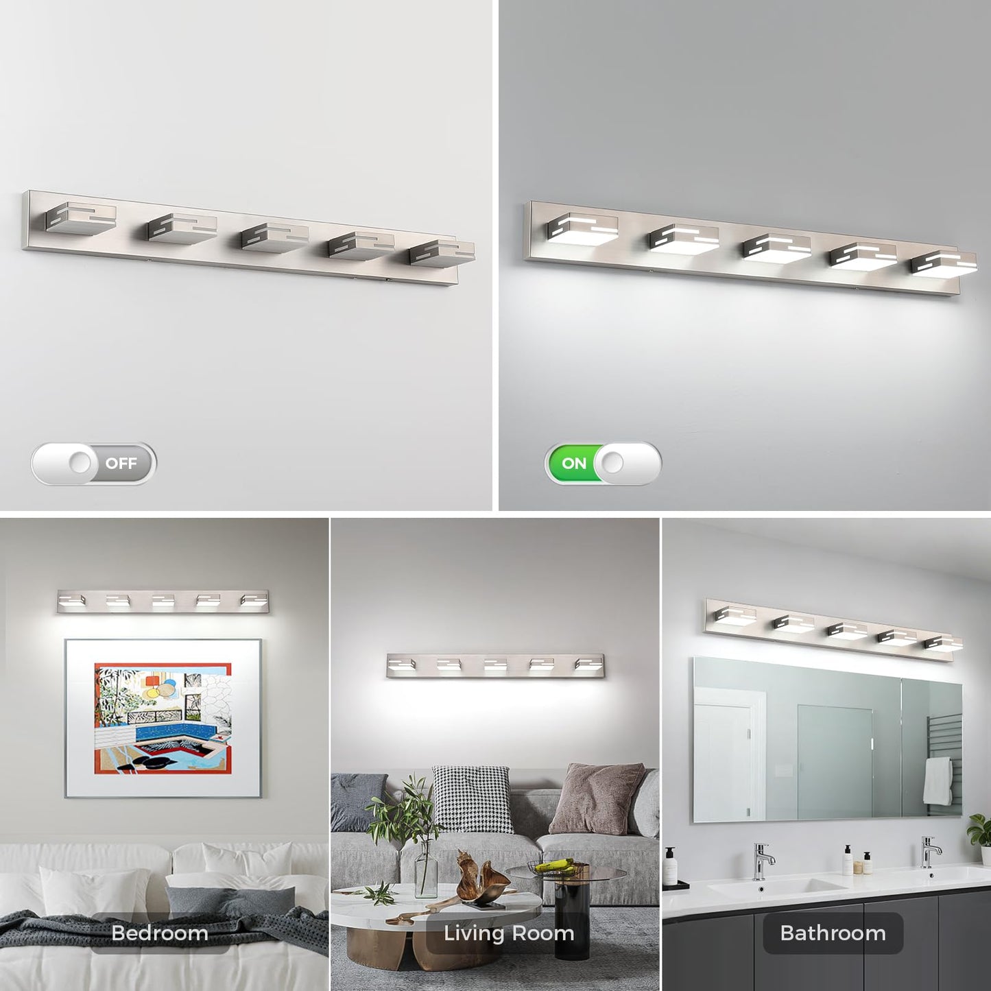 MKBNG 5-Light Modern Bathroom Vanity Light Fixtures, 40-Inch 350° Rotatable LED Vanity Lights Over Mirror, Dimmable 5500K Natural White Brushed Nickel