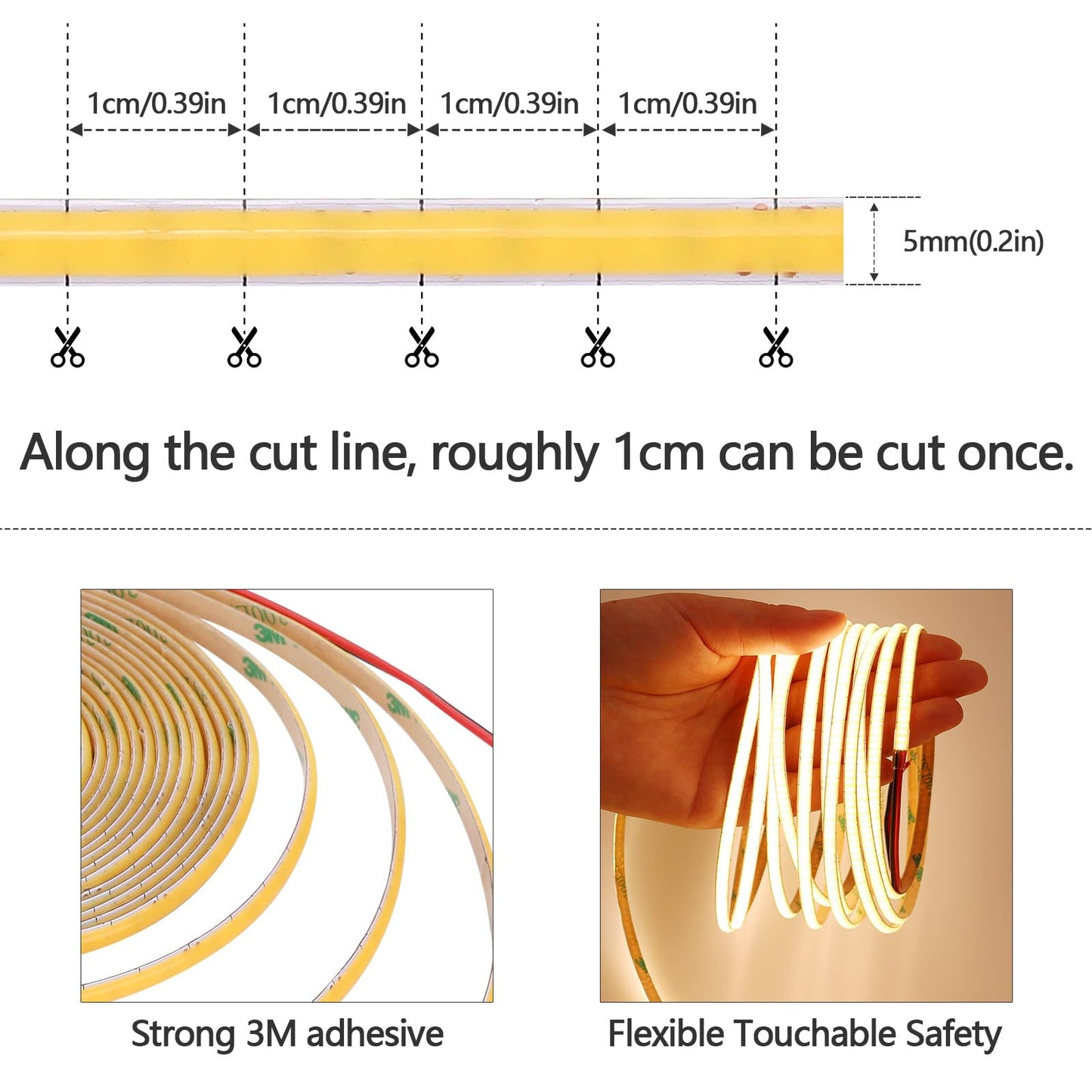GOMING 12V 5mm Width COB LED Strip Light Warm White 3000K 16.4ft(5M) 2000LEDs CRI 93+ Uniform Glow Flexible Not Waterproof IP20 LED Tape Lights