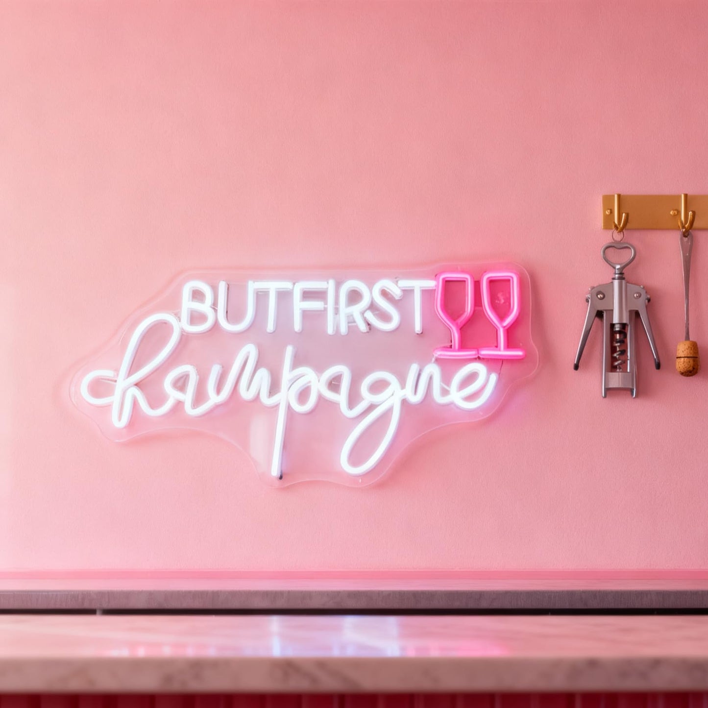 But First Champagne Neon Sign - USB Powered Wall Table Decor for Party Bar Living Room Bedroom, White and Pink LED Decorative Neon Light, 16.7 x 8.7