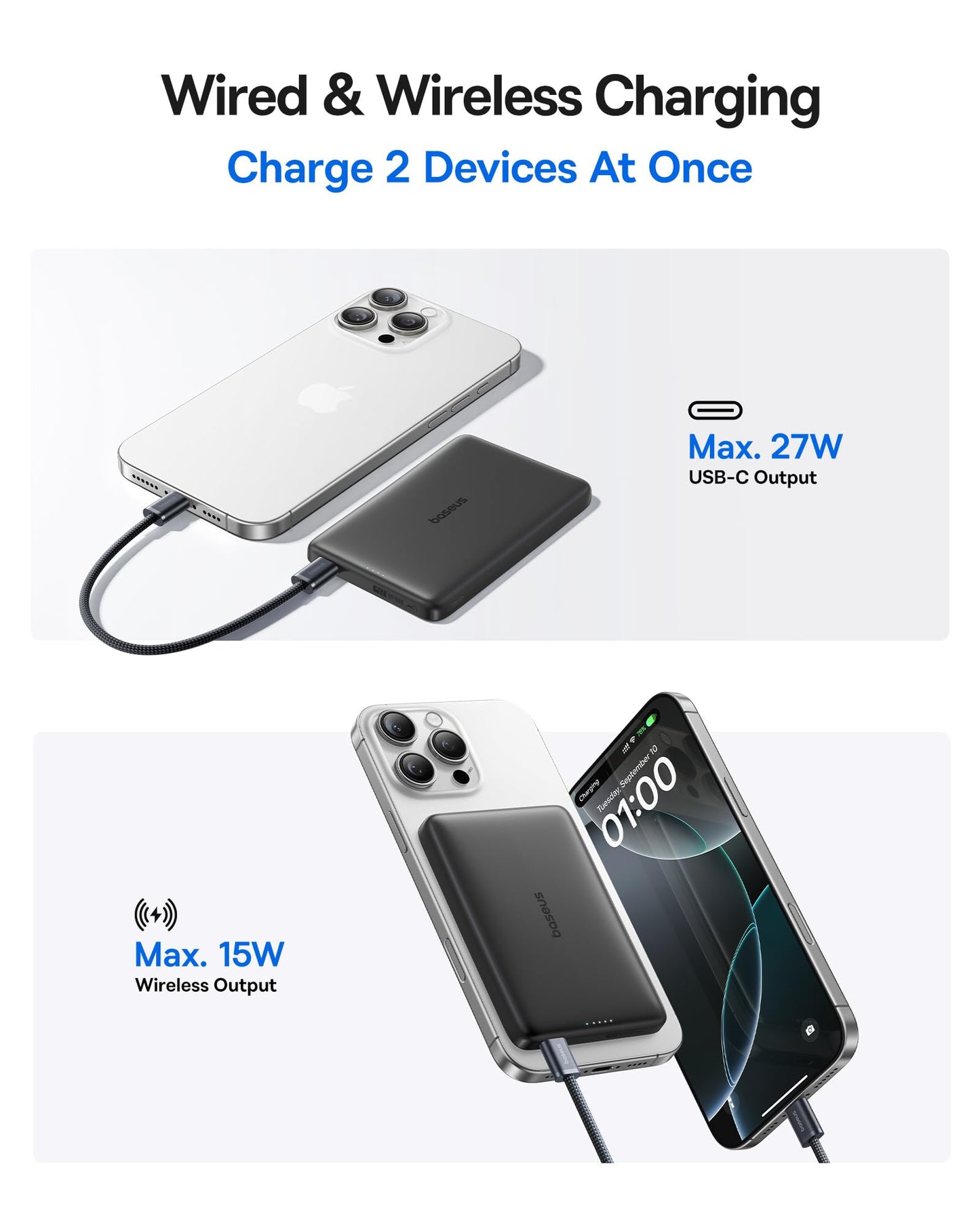 Baseus Picogo Magsafe Portable Charger, Qi2 15W 0.5" Ultra Slim 10000mAh Wireless Power Bank, 27W Fast Charging Magnetic Battery Pack with USB-C