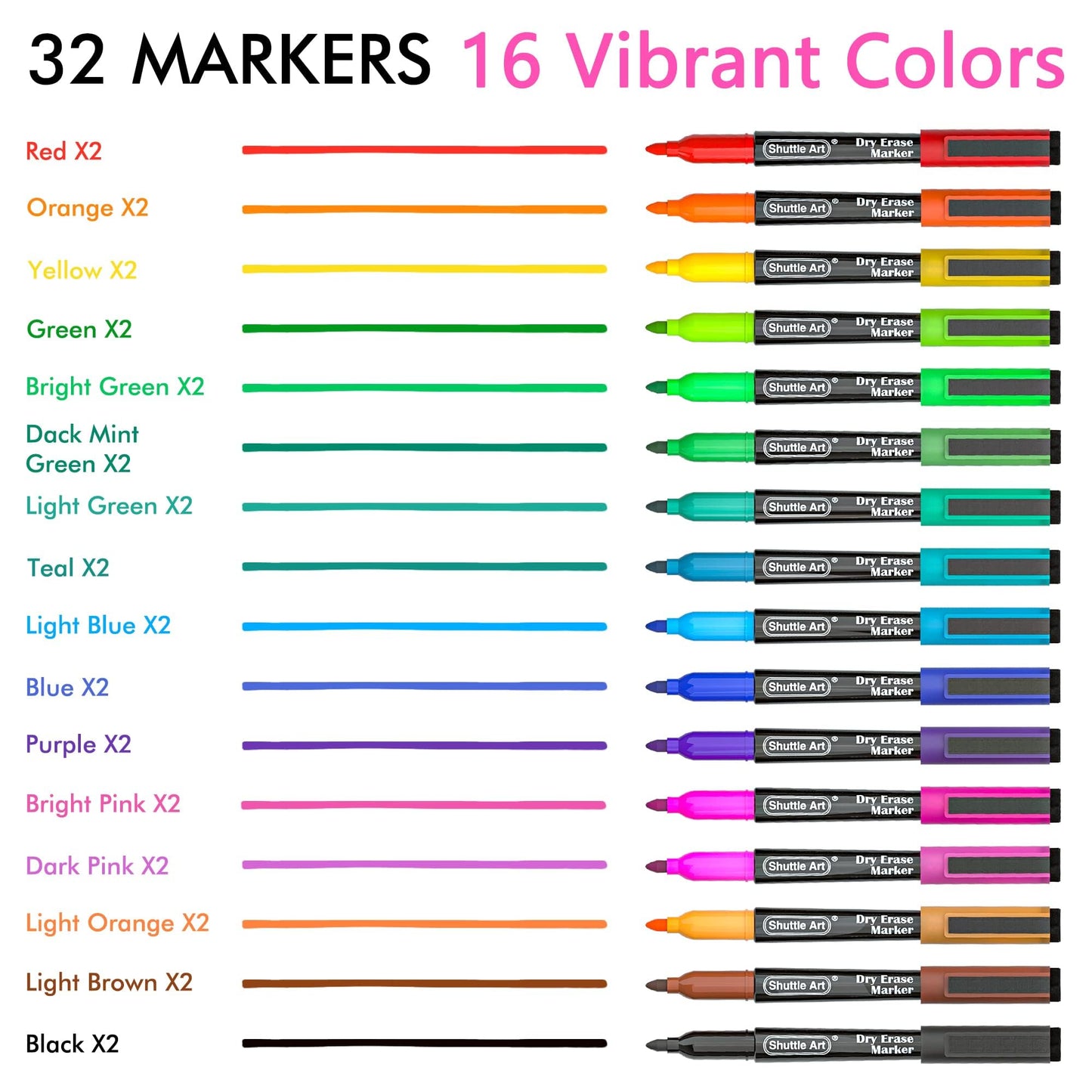 Shuttle Art Dry Erase Markers, 32 Pack 16 Colors Magnetic Whiteboard Markers with Erase, Fine Point Dry Erase Markers Perfect For Writing on
