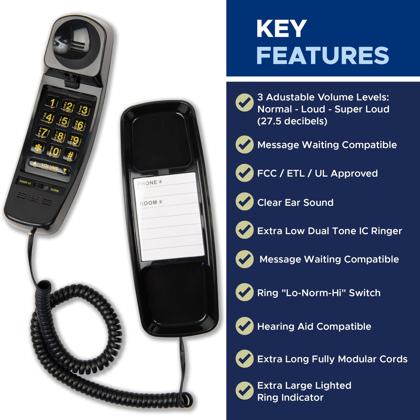 Med-Pat T-4 Full-Featured Trimline Telephone w/Ring/in-Use Light Indicator - Corded Wall Phone w/Full Range Volume Control, Hearing Aid Compatible