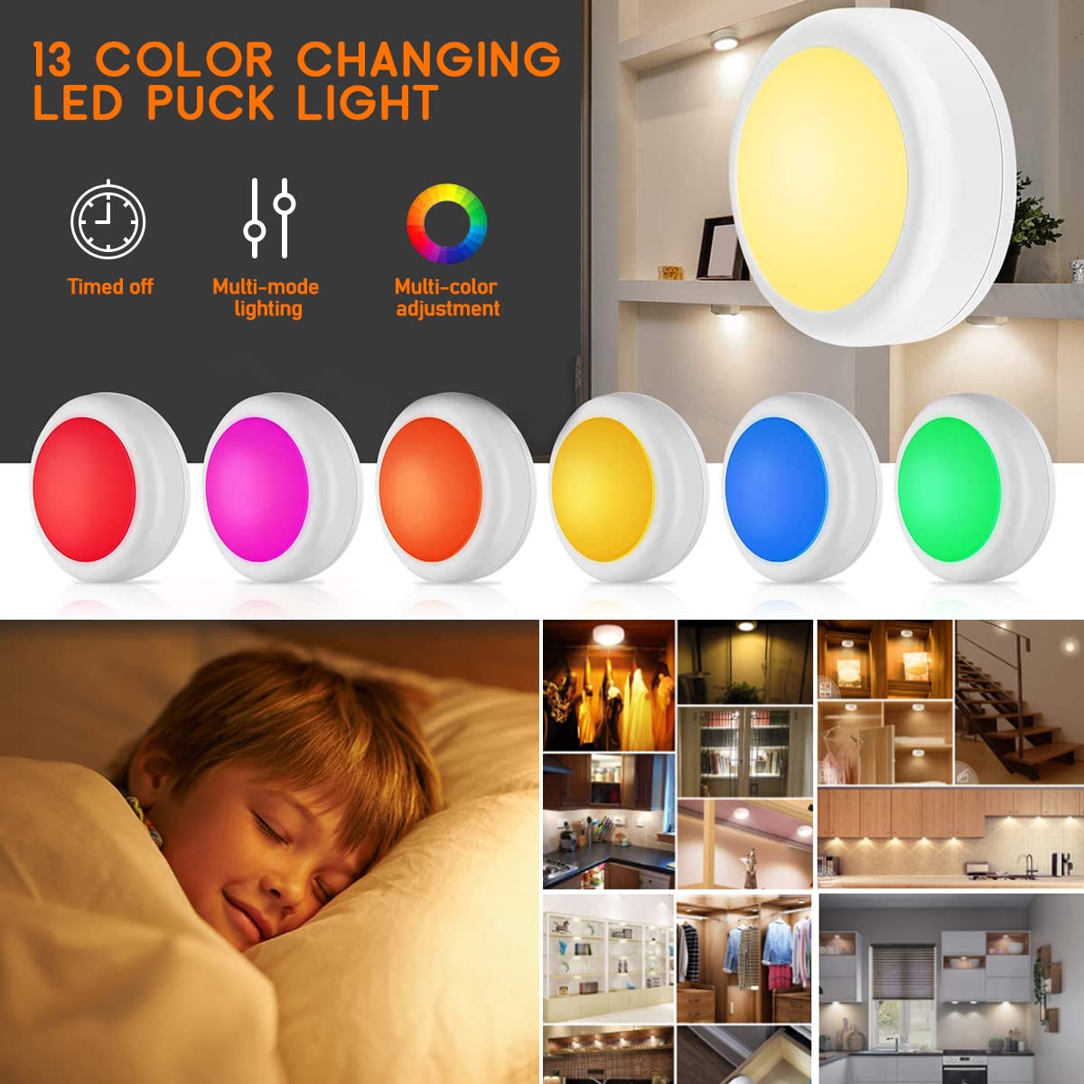 SIXDEFLY LED Puck Lights With Remote, 13 Colors RGB Dimmable Under Cabinet, Battery Powered Color Changing, Party Atmosphere for Kitchen Closet
