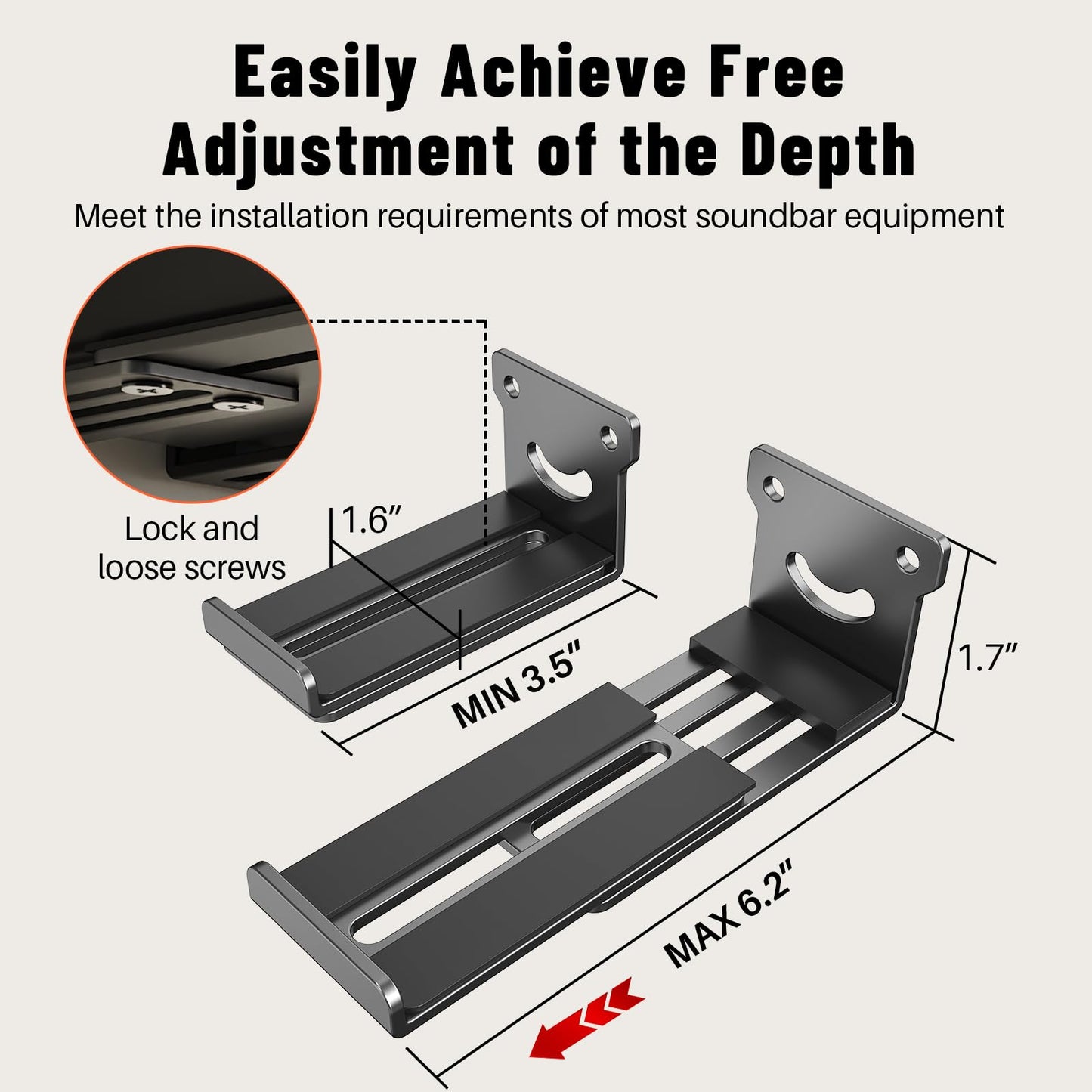 BYMECOST Universal Soundbar Wall Mount Bracket, Metal Soundbar Shelf Compatible with Depth from 3.3"-6.1", Soundbar Mount Under TV or Above TV, Holds